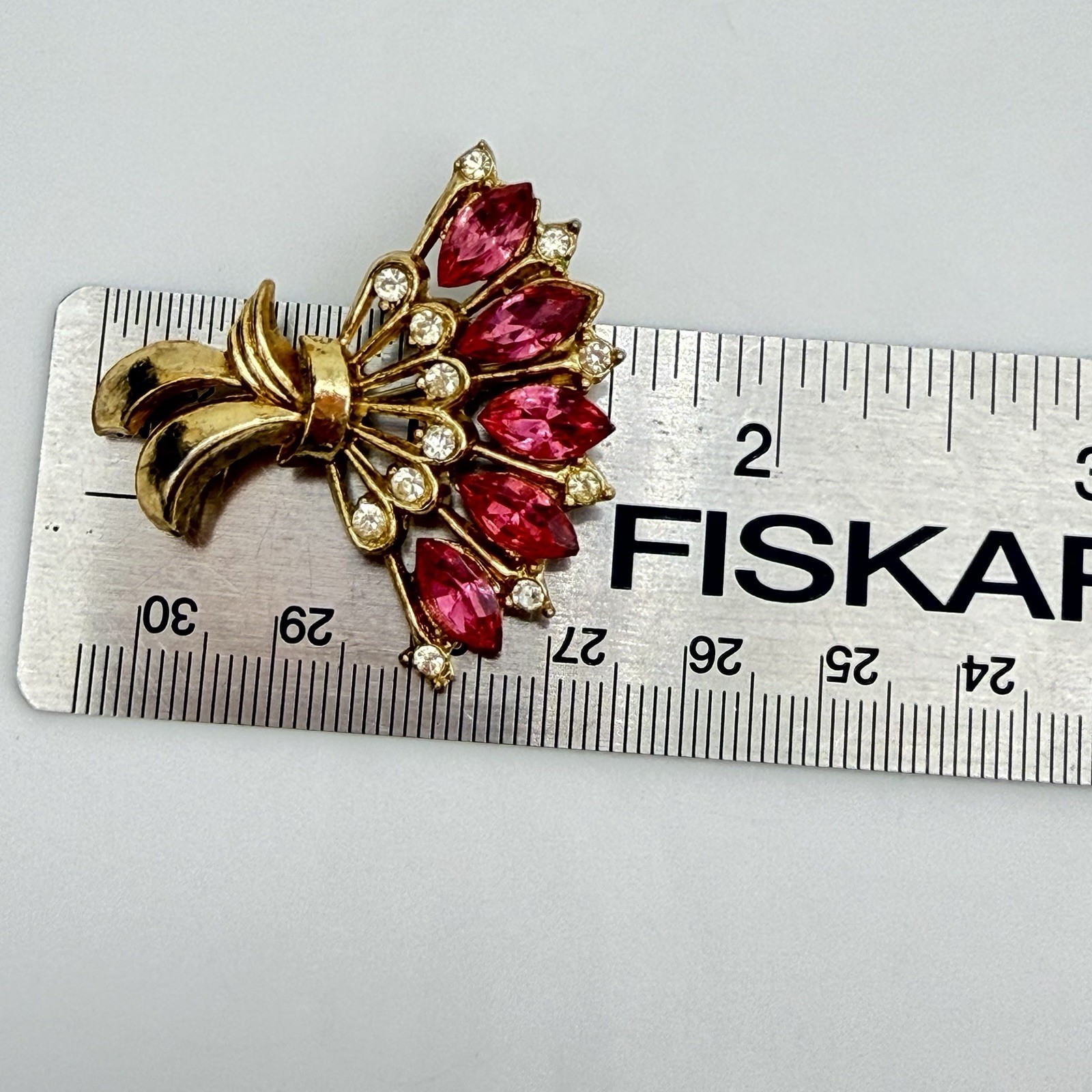 Vintage Rhinestone Brooch Pin Pink Navette Fan Flower Bouquet Retro