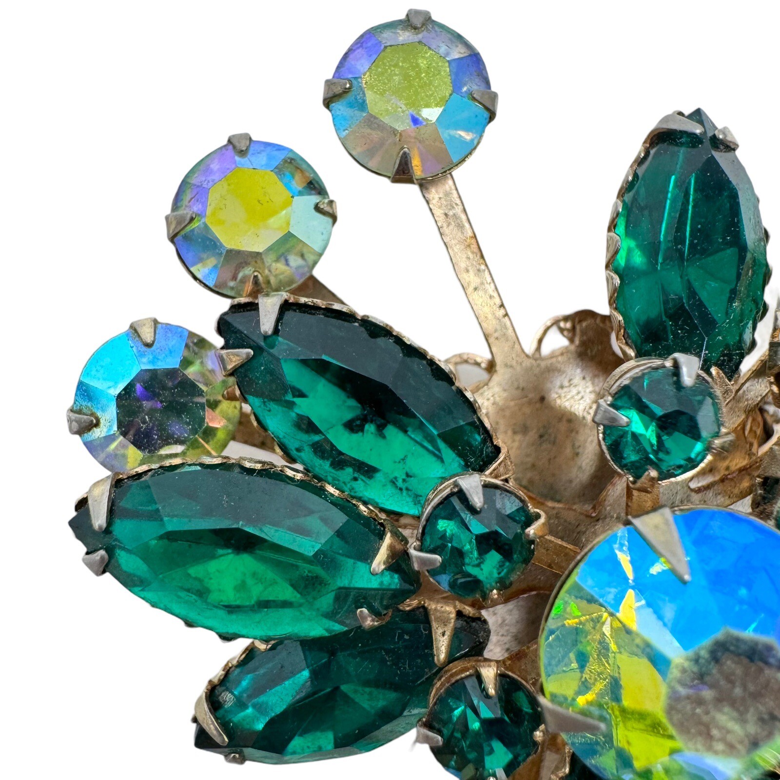 Vtg Gold Tone Light Dark Green Rhinestone Brooch Rivet Filigree Back Satellite