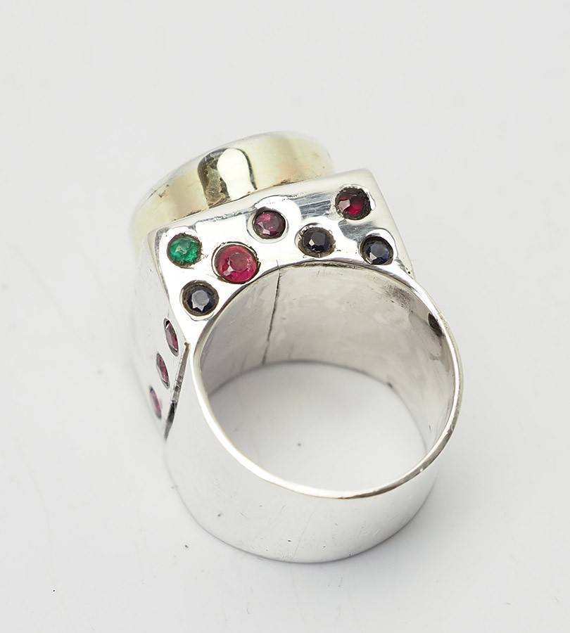 Unusual handmade sterling silver gold vermeil ruby sapphire emerald ring sz 6