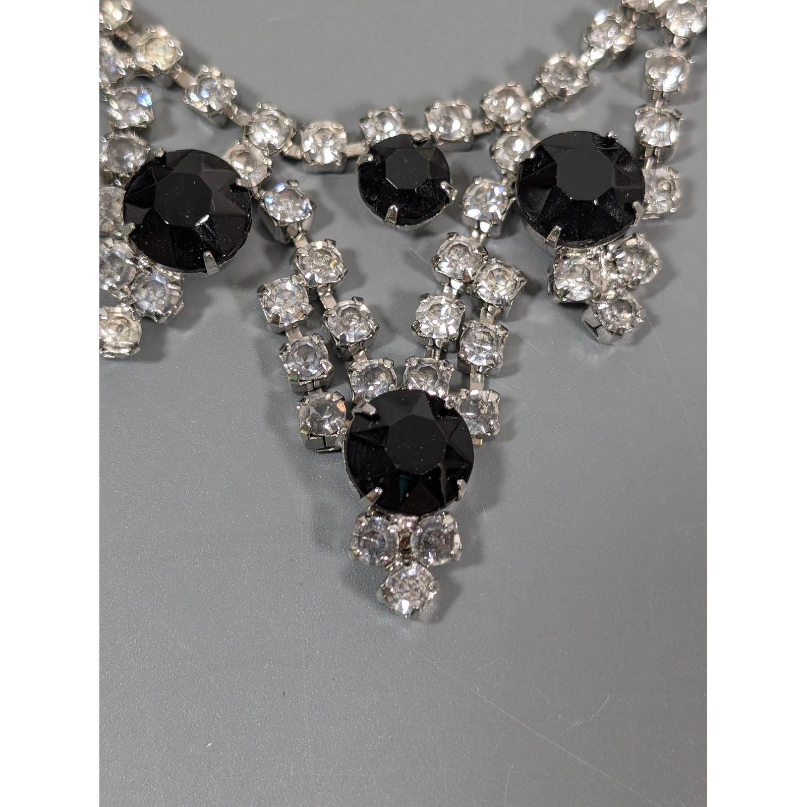 Vintage Black Clear Rhinestone Choker Necklace Silver Tone Bib Statement 15″