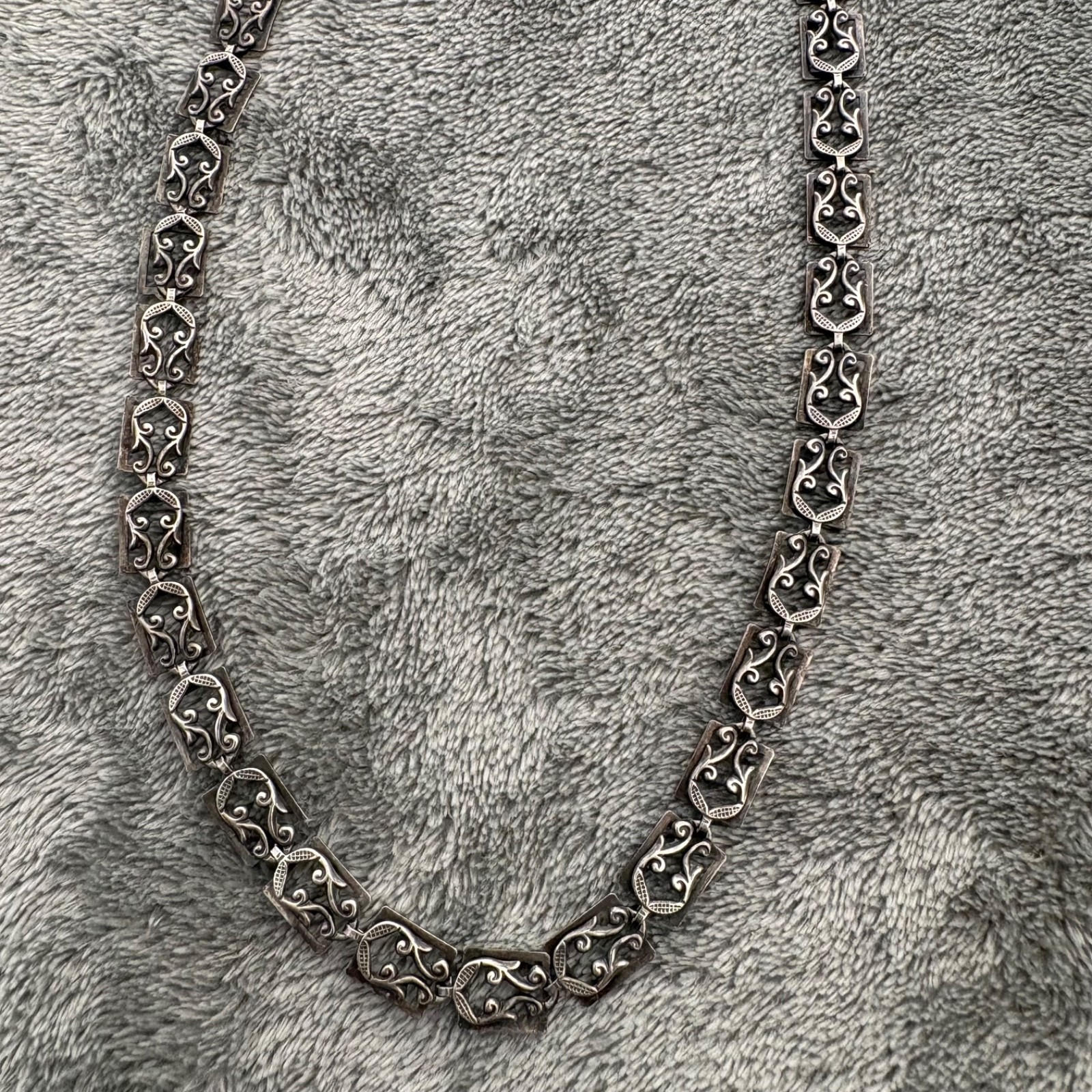VTG DANECRAFT STERLING SILVER NECKLACE FANCY SCROLL DESIGN HARP CHOKER 16″