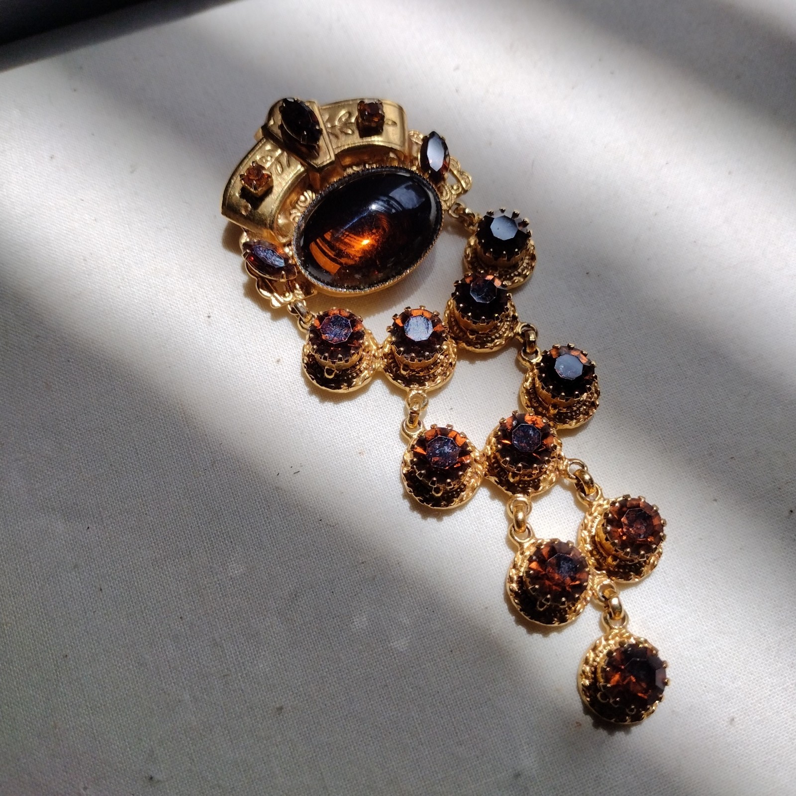 Robert Rose Gold Tone Amber Rhinestone Crown Chandelier Dangle Statement Brooch