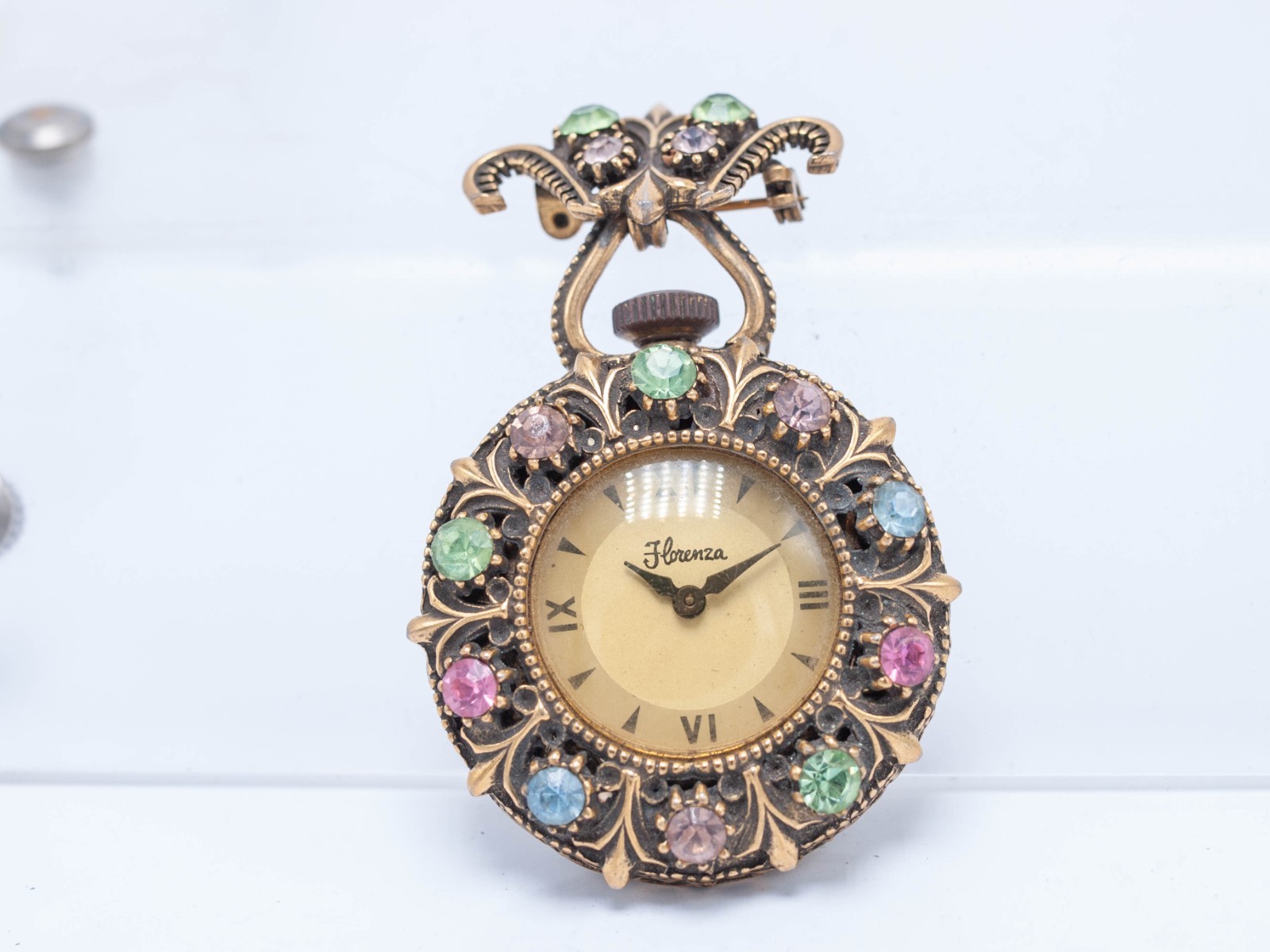 1957 – Ingraham Florenza 39mm Jeweled Pin Brooch Wind Watch – Not Running