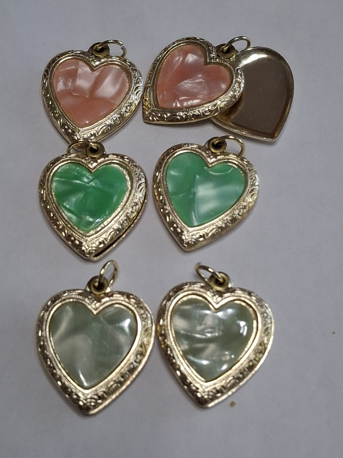 6 Vintage Goldtone 1″ Asst Heart Lockets Charm Pendant Enameled Exoxal Aluminum