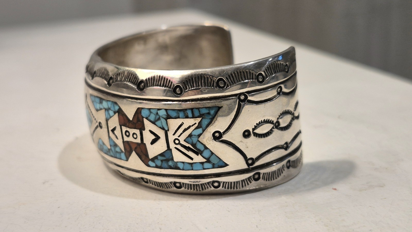 Frances Begay Navajo Sterling Silver Turquoise Inlay Cuff Bracelet 44g