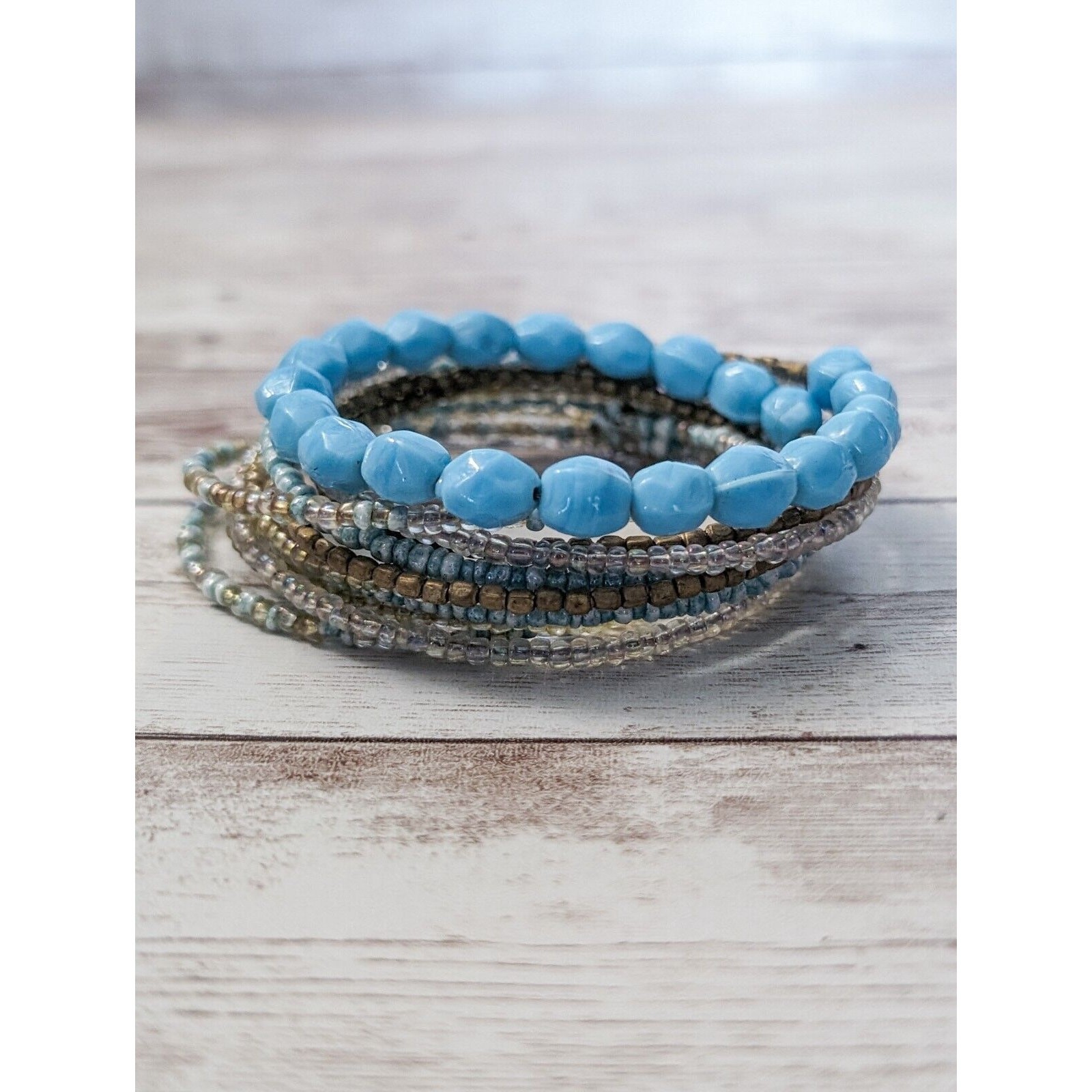 Vintage Wrap Bracelet / Bangle – Beaded Light Blue & Bronze Tones