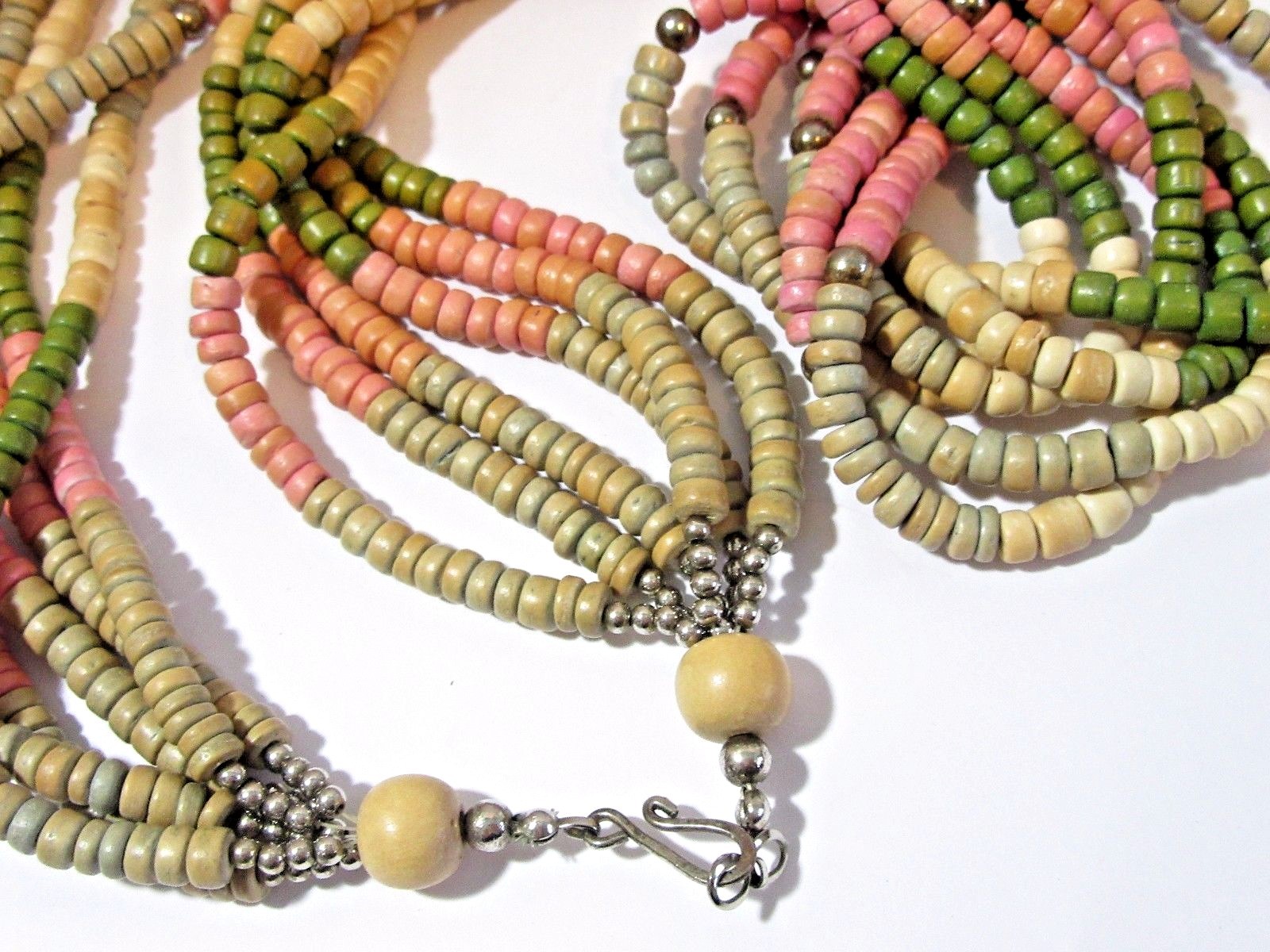 WOOD BEADED MULTISTRAND MUTED SHADES GREEN PINK BEIGE FUNKY NECKLACE BEADS