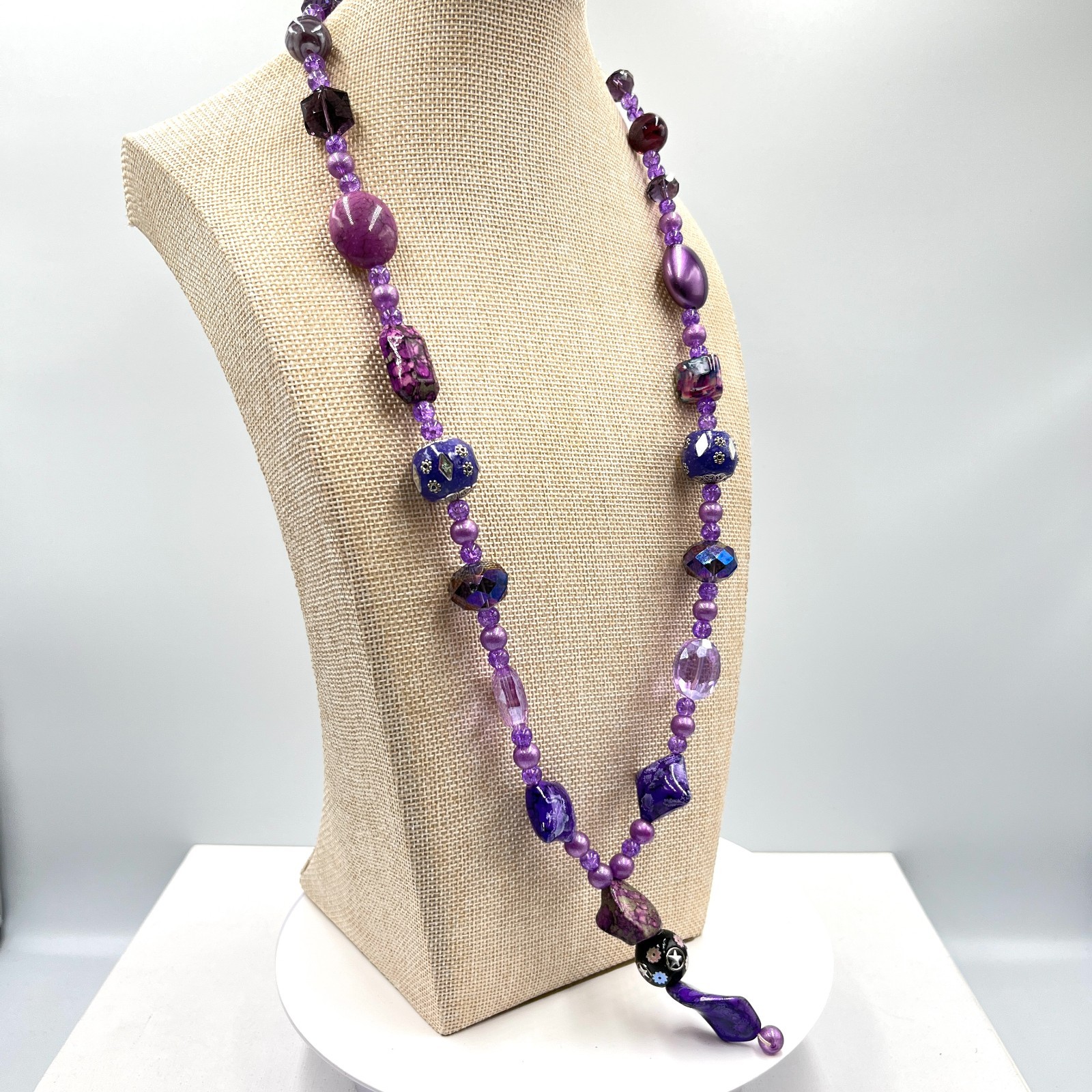 Vintage Retro Purple Multi-Stone Beaded Necklace Mixed Media Art Deco Style