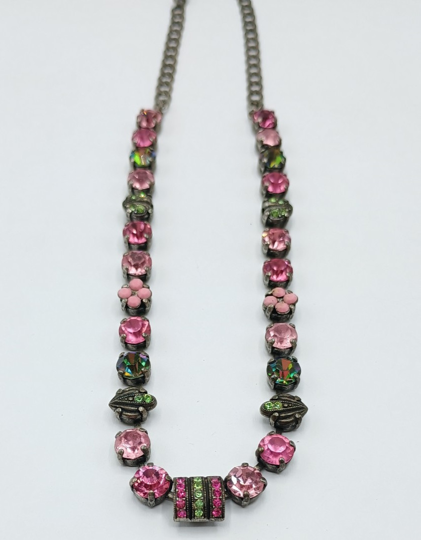 Vintage Mariana Swarovski Crystal Necklace Pink Green Silver Tone Israel