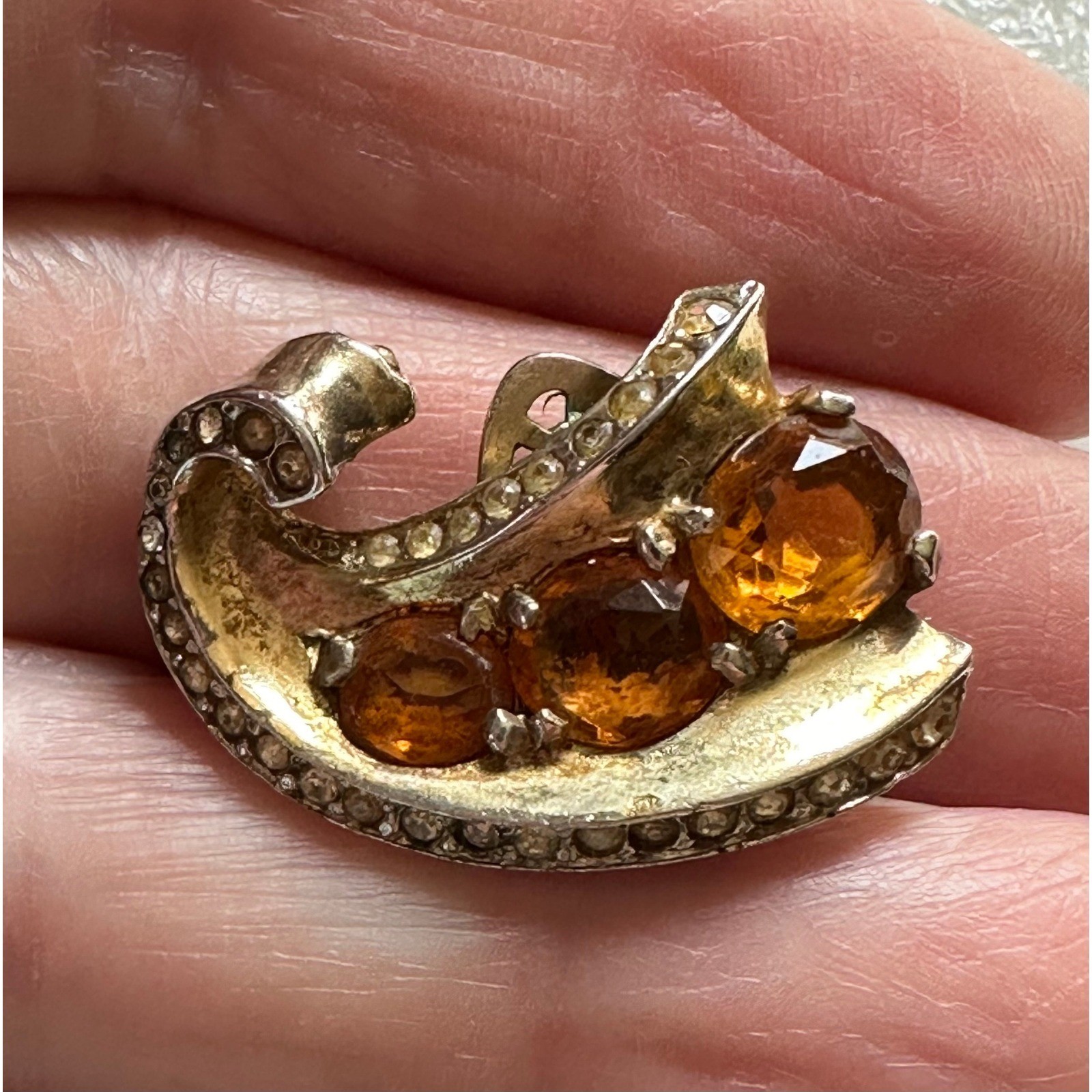 1940’s Trifari Sterling Silver w/ Gold Wash & Citrine Rhinestones Earrings