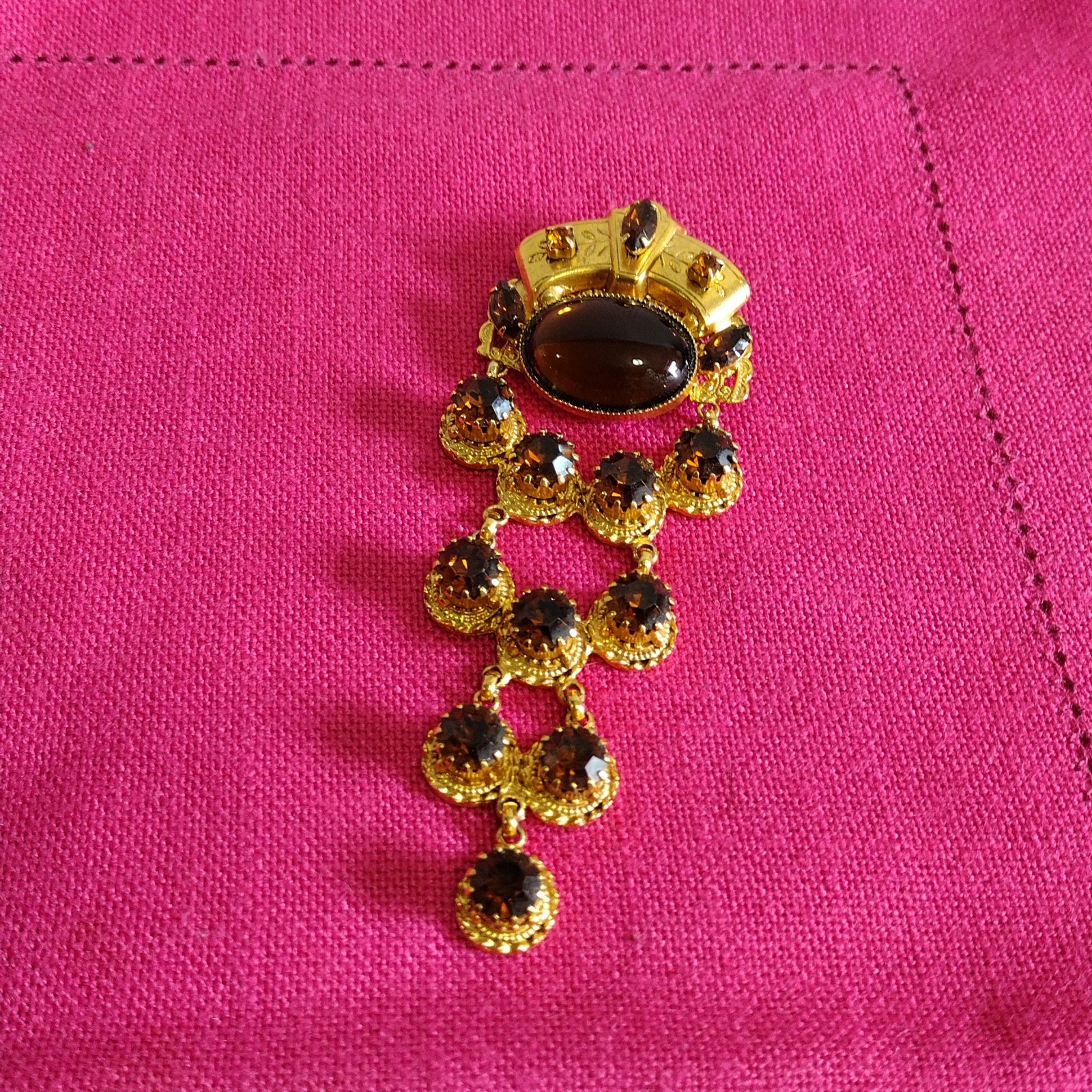 Robert Rose Gold Tone Amber Rhinestone Crown Chandelier Dangle Statement Brooch