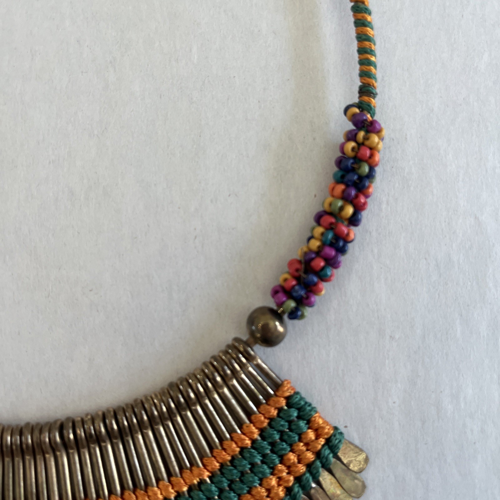 Vintage Fringe Statement Necklace Collar Bib Choker Beaded Bright Colors Patina