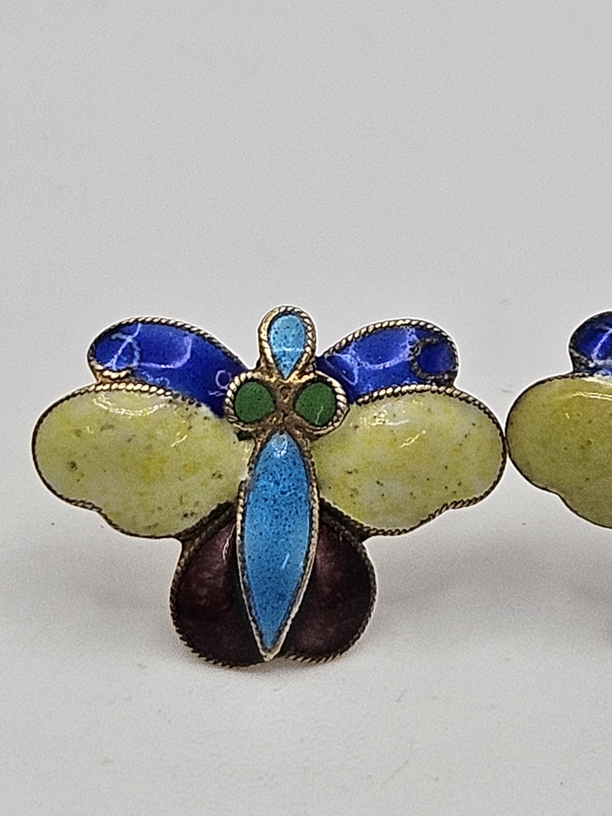 Vintage Thousand Flowers Enamel Cloisonne Sterling Silver Gold Finish Earrings