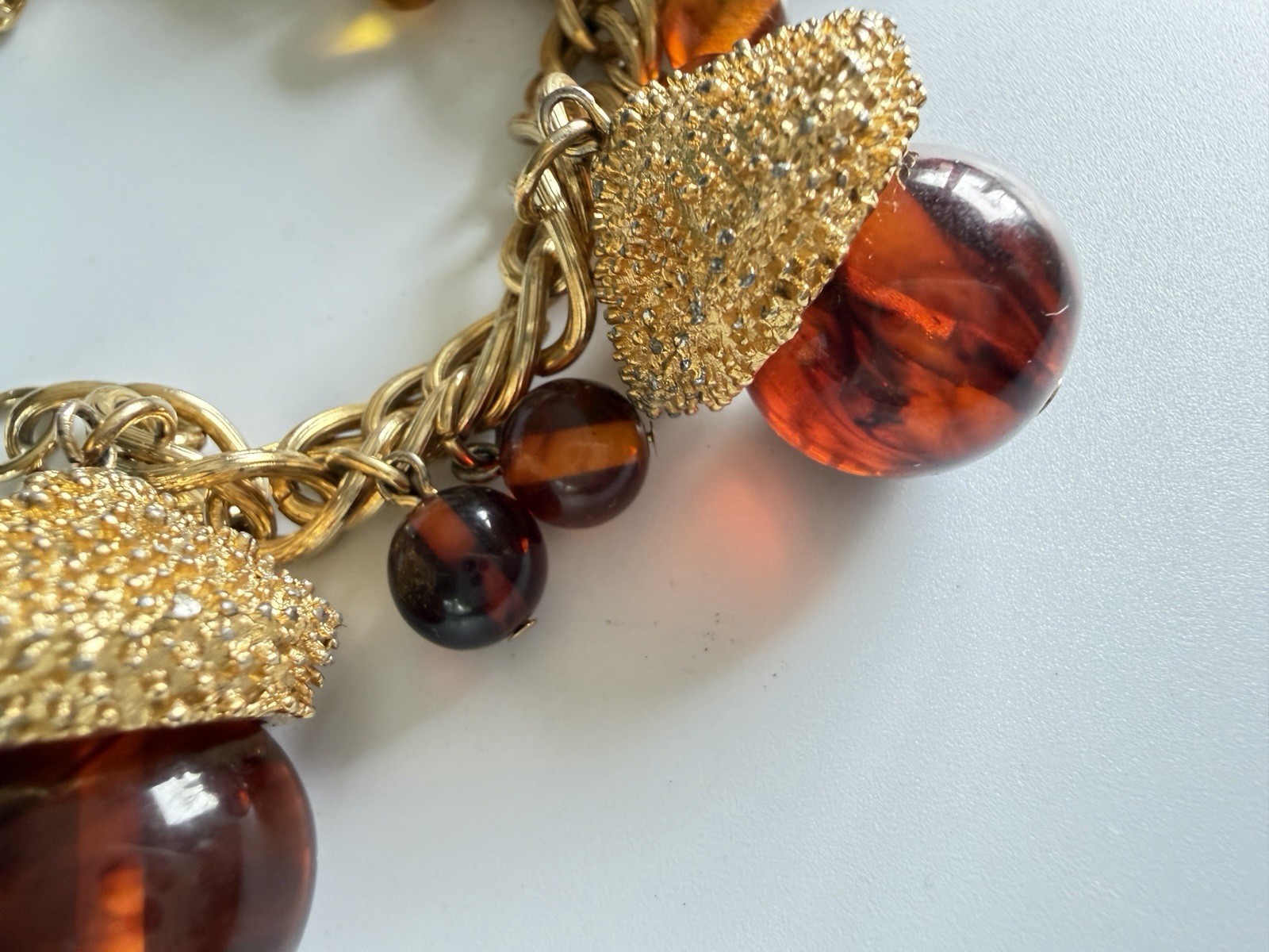 Vintage MCM Chunky Acorn Charm Bracelet Oversized Amber Glass Style Lucite Gold