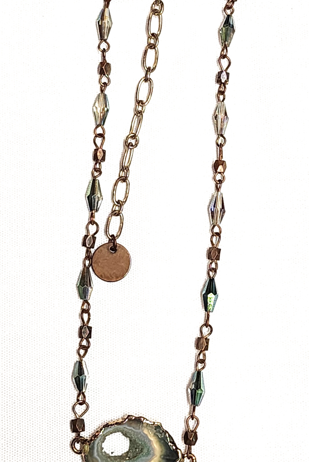 Vintage Sweet Lola Brass Blue Green Beaded Geode Pendant Necklace 17″ Choker