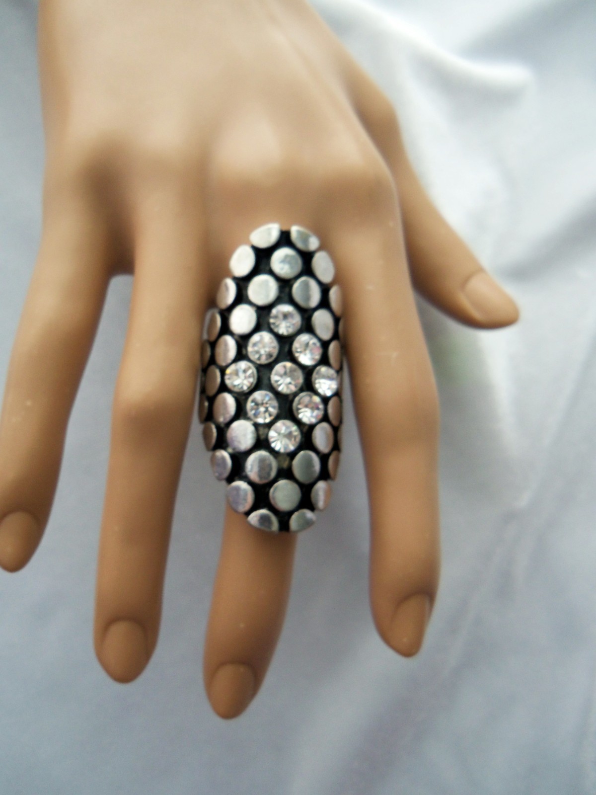 Crystal Rhinestone Accents Silver Dots on Black Long Finger Stretch Band Ring