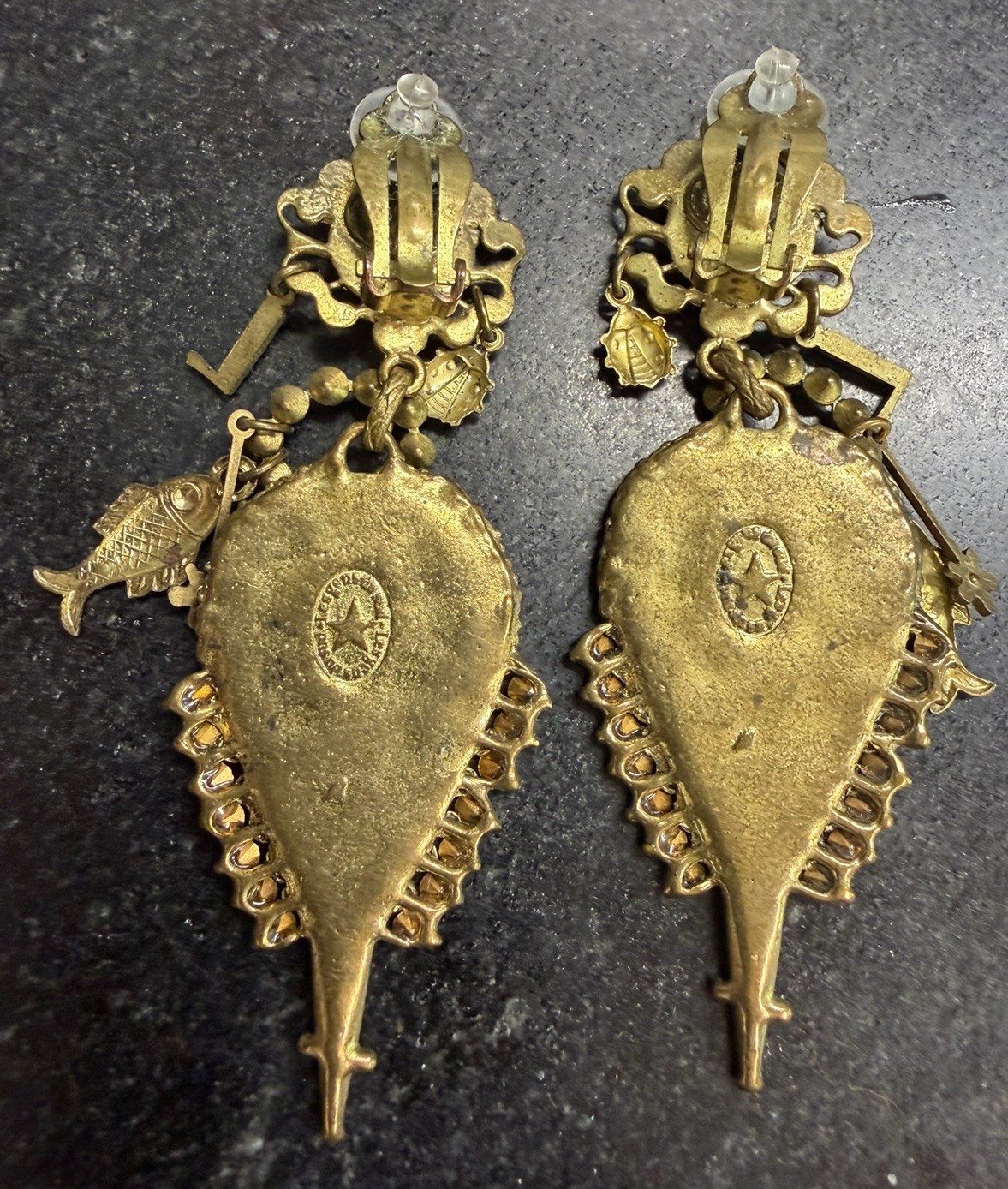 Les Gens du Sud Vintage French Statement Clip On Earrings Fish Ladybug Clover 3″