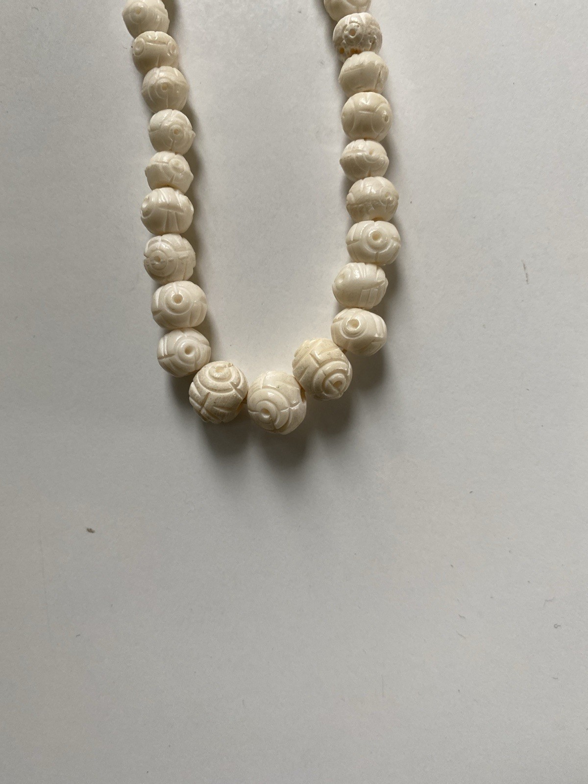 2 Vintage Carved Cow Bone Bead Necklaces w/ Bone Screw Clasp Chinese Export