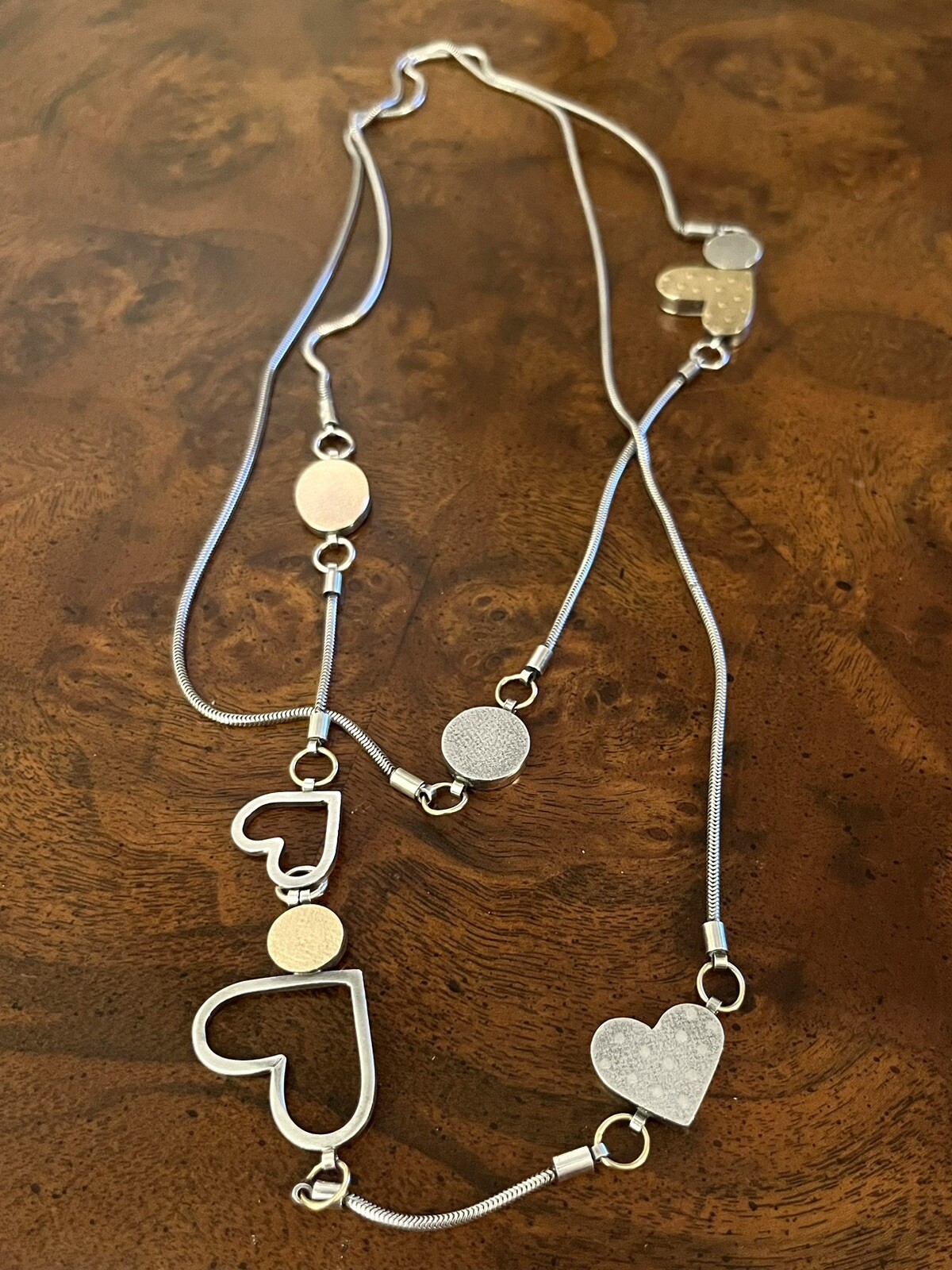 Vtg Estate Mid Century Modernist Textured Sterling Gold Hearts Station Necklace