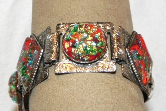 Vintage Red Foil Art Glass Cabochon Stone Silver Tone 7″ Panel Type Bracelet