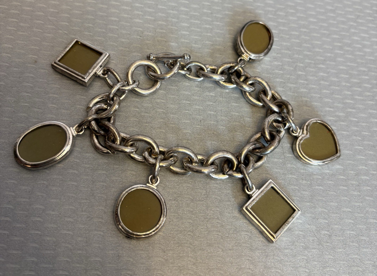 Vintage Photo Locket Charm Bracelet Silverplated Toggle 8” Heart Oval Square 6P