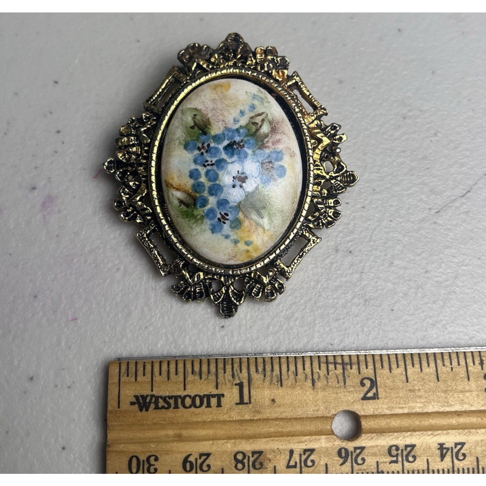 Vintage Hand Painted Violet Blue Forget Me Knots on Porcelain Pendant Pin Brooch