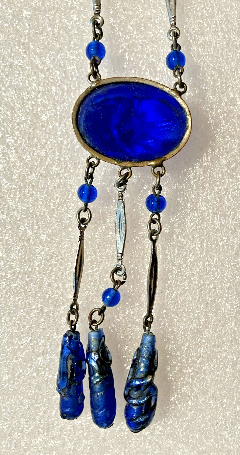 Vtg ART DECO CZECH blue foil GLASS drop pendant NECKLACE 3 “torpedo beads”
