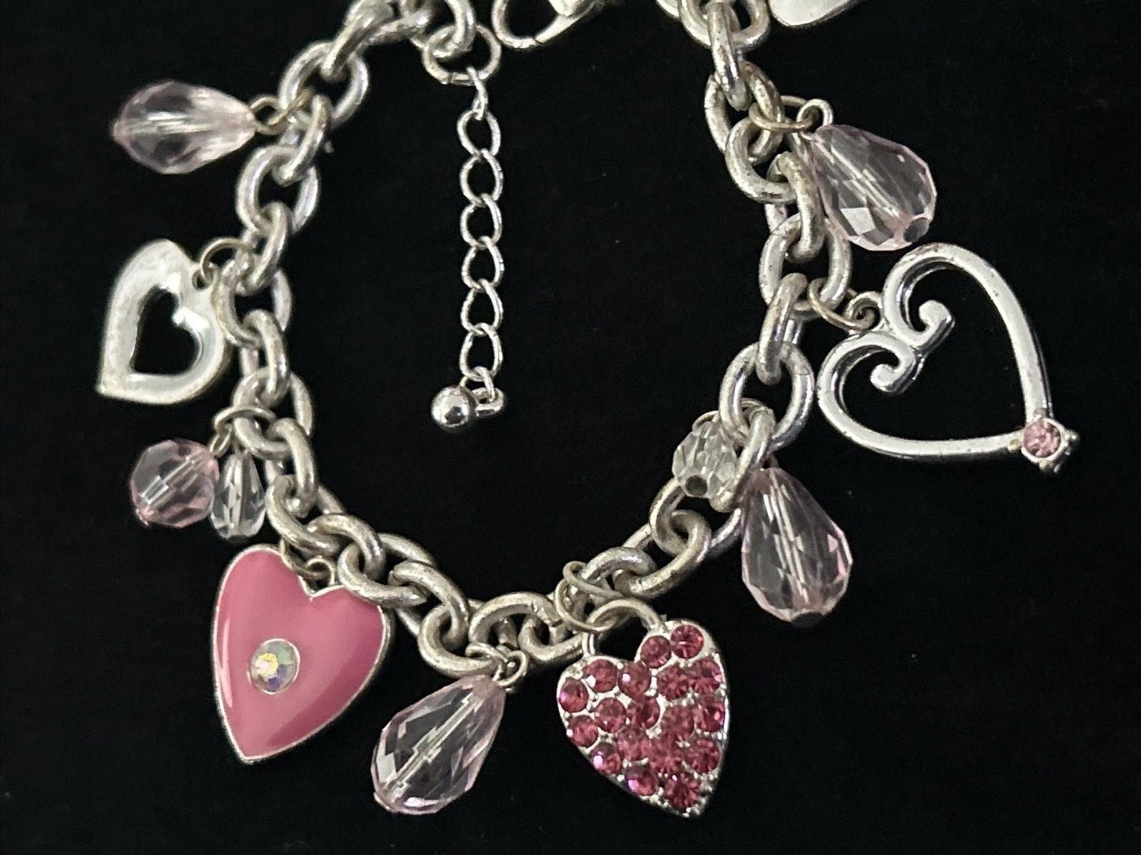 Vintage Silver Tone Heart Charm Bracelet Pink Rhinestone Dangle Lobster 8.5”Adj