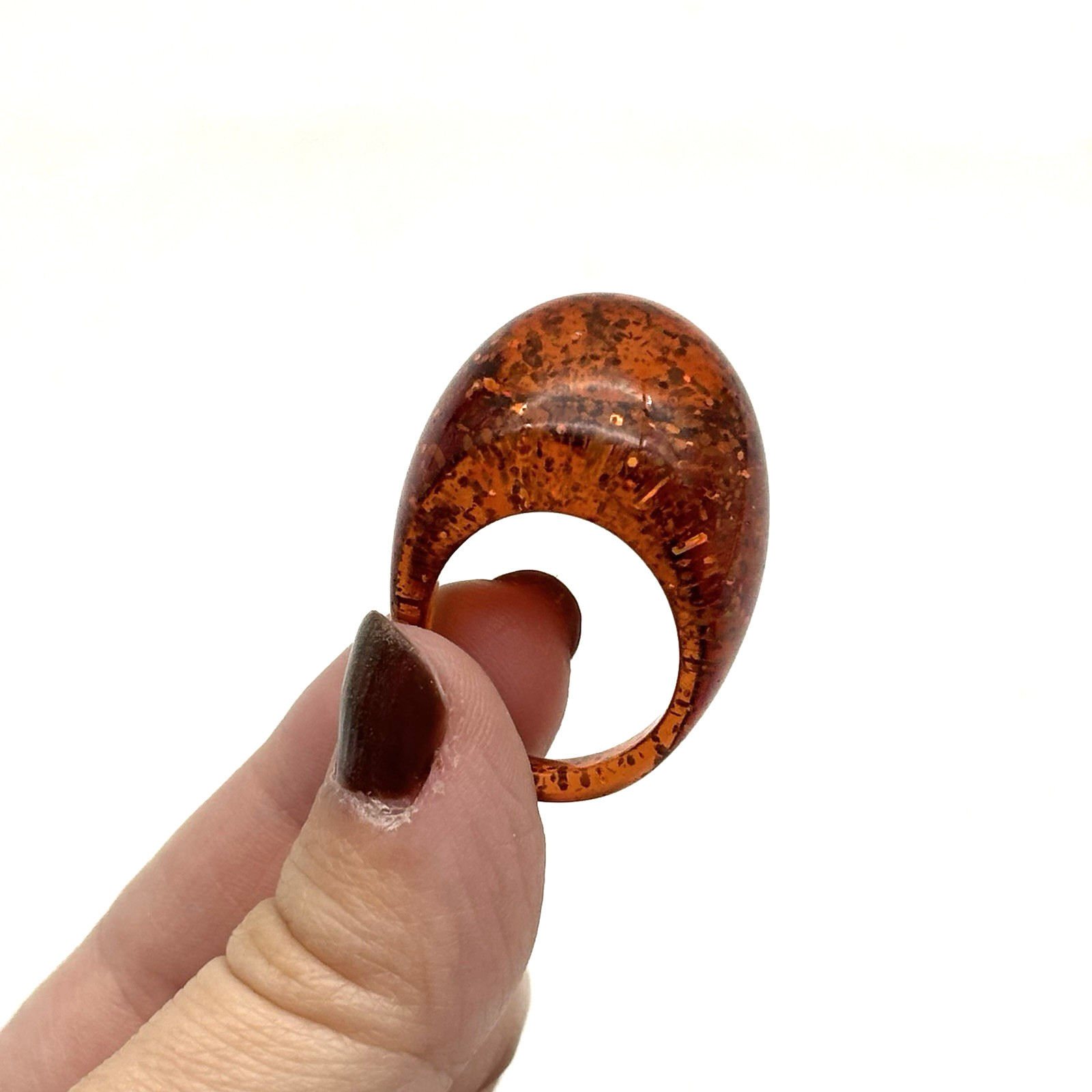 Vintage 1960s Amber Orange Acrylic Glittery Chunky Bubble Dome Ring Size 8.25