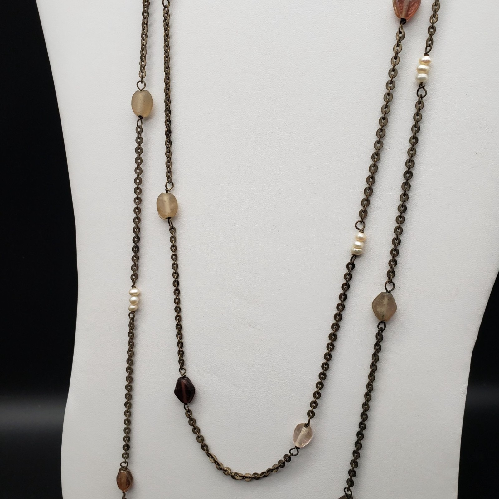58″ Long Bronze-Tone Chain Necklace – Mixed Glass Beads, No Clasp, Boho Vintage