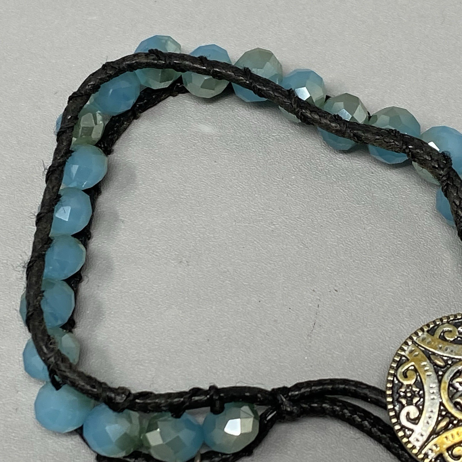 Glass Bead Bracelet Faux Leather Cord Blue Surface Coated Western Button Feather