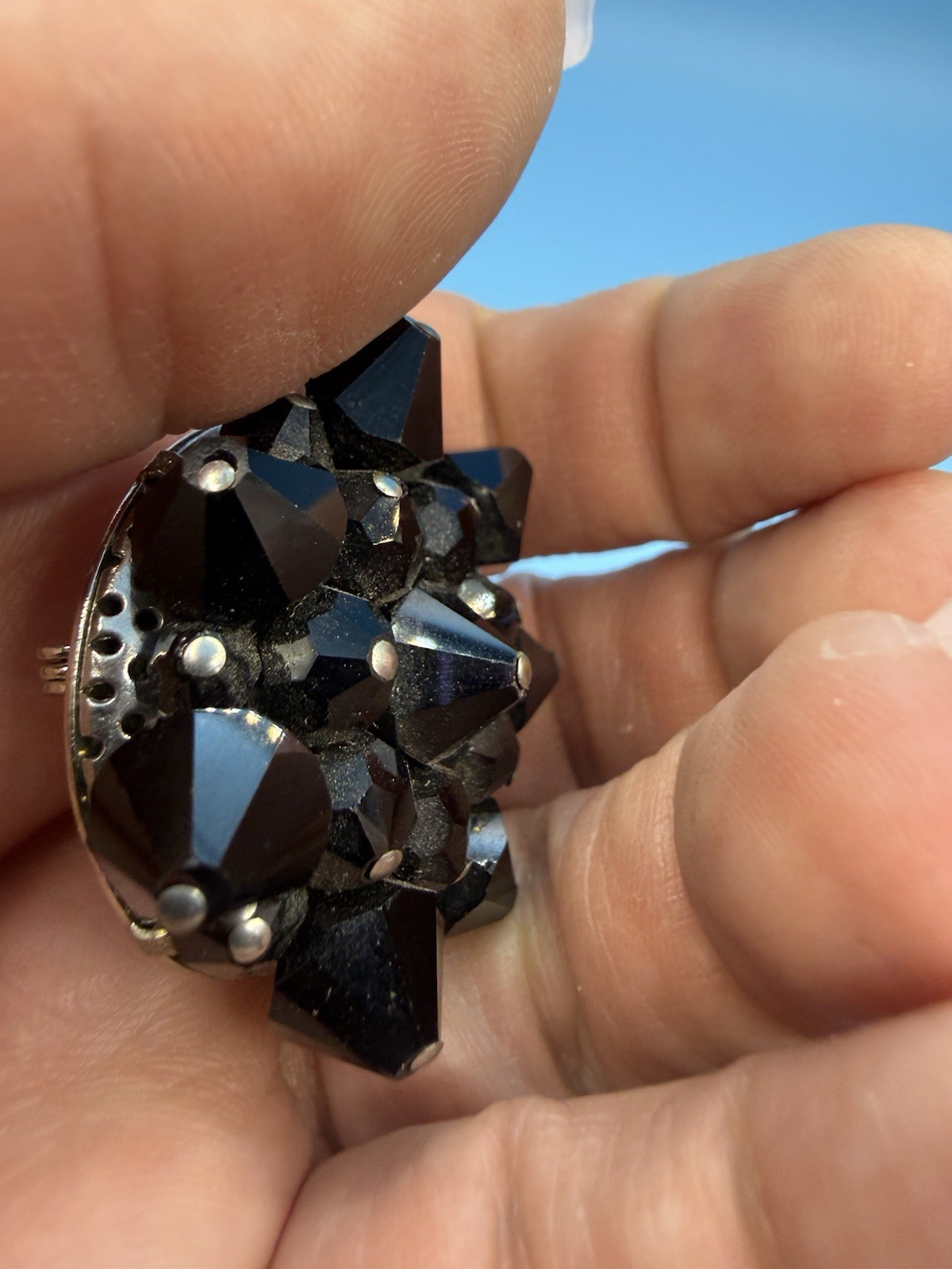 Vintage Black Faceted Glass Flower Star Pin Brooch 1 1/2 inches Across