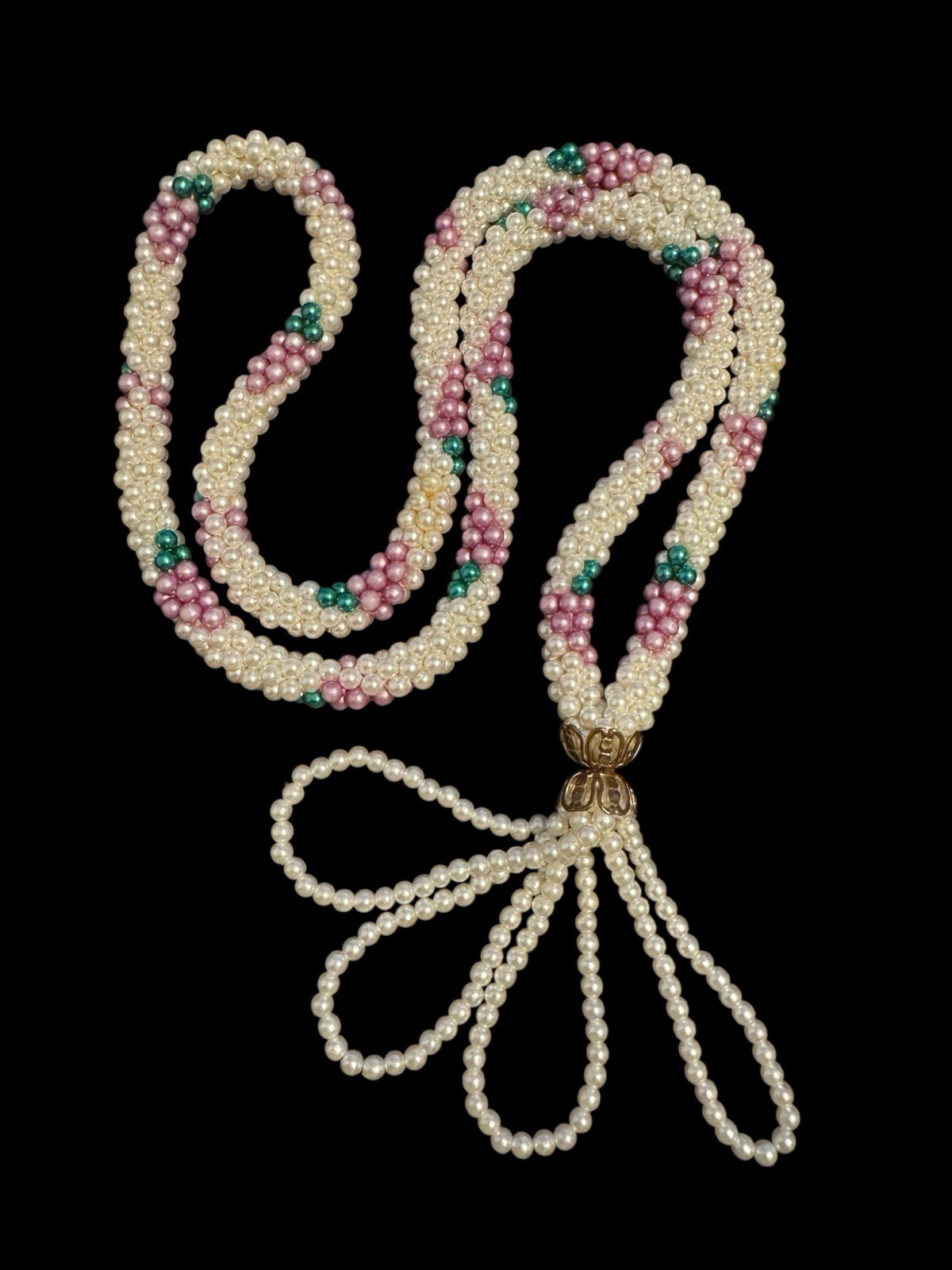 1960s Woven Faux Pearl Bead Flapper 32″ Necklace W Tassel Purple Green White BN1