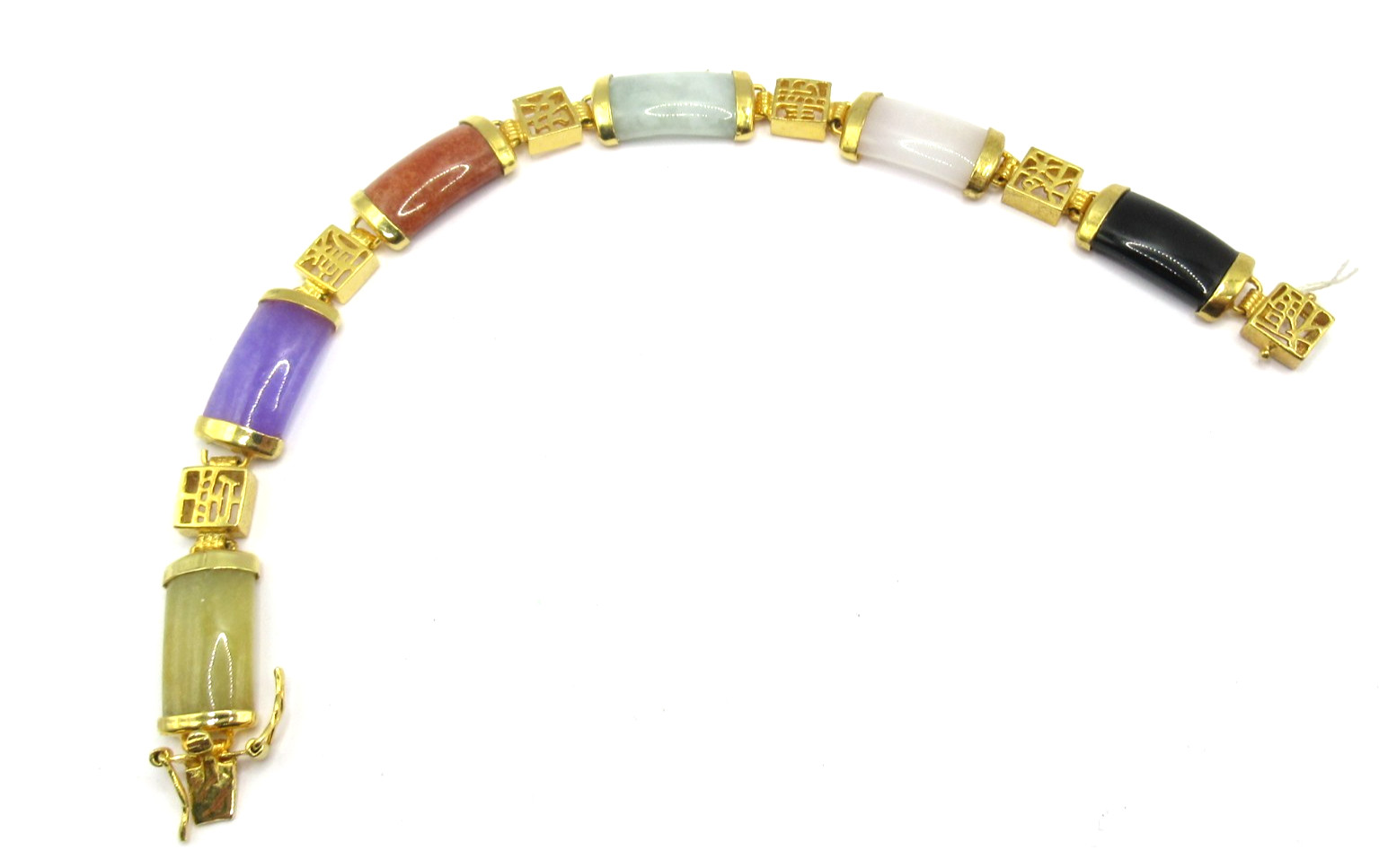 Asian Dyed Multi-Color Jade Jadeite Vintage Bracelet Writing Symbols 7.25″