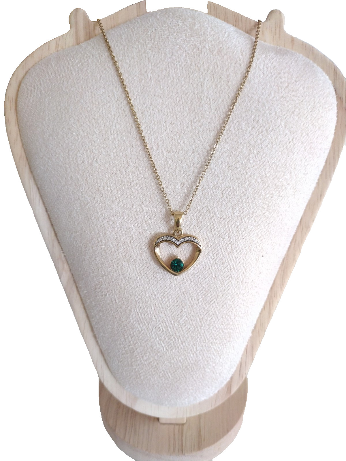 Vintage Emerald Crystal Heart Necklace Gold Tone Diamond Cut Chain 18″