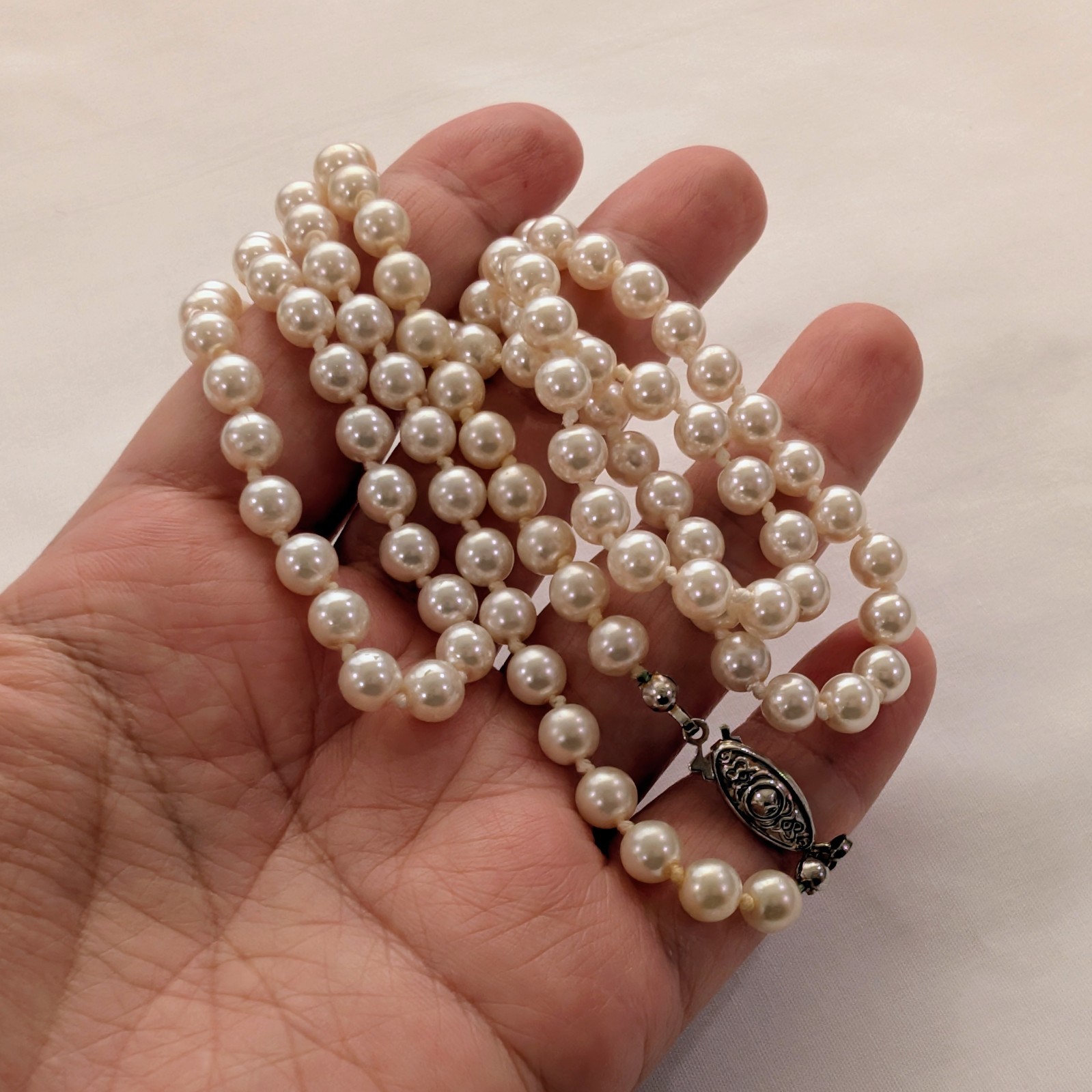 Vintage Glass Pearl Knotted Single Strand + Fish Hook Clasp Necklace 30″