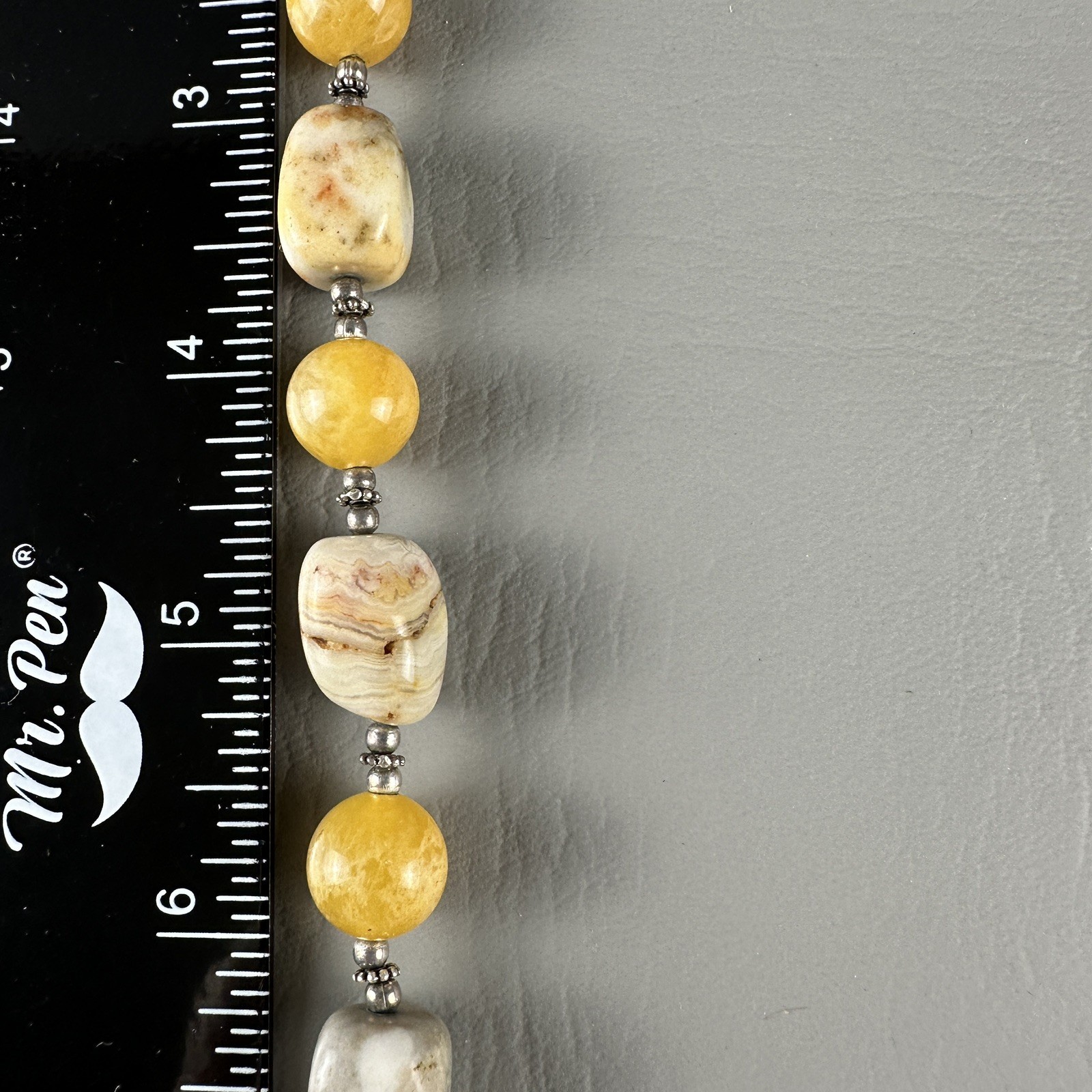 Vintage CW Sterling Silver Stone Bead Necklace Yellow Gray 16″