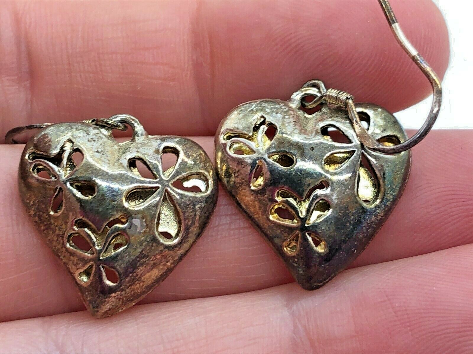 Vintage Sterling Silver Floral Hearts Flowers Dangle Earrings 5.6 Grams
