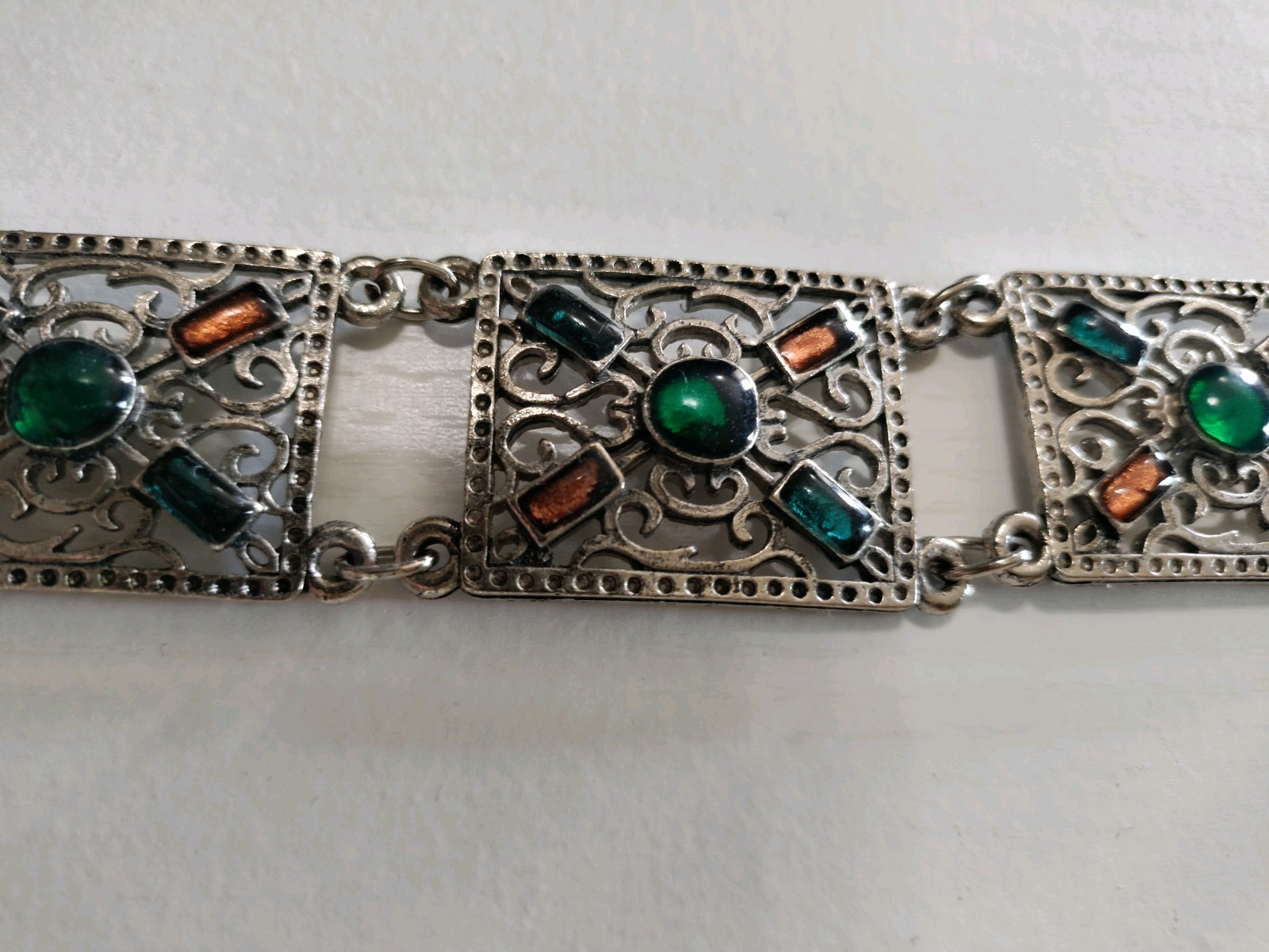 Souvenir Du Maroc Jewel tone Colors Link Bracelet w/ Hamsa Hand Moroccan Vintage