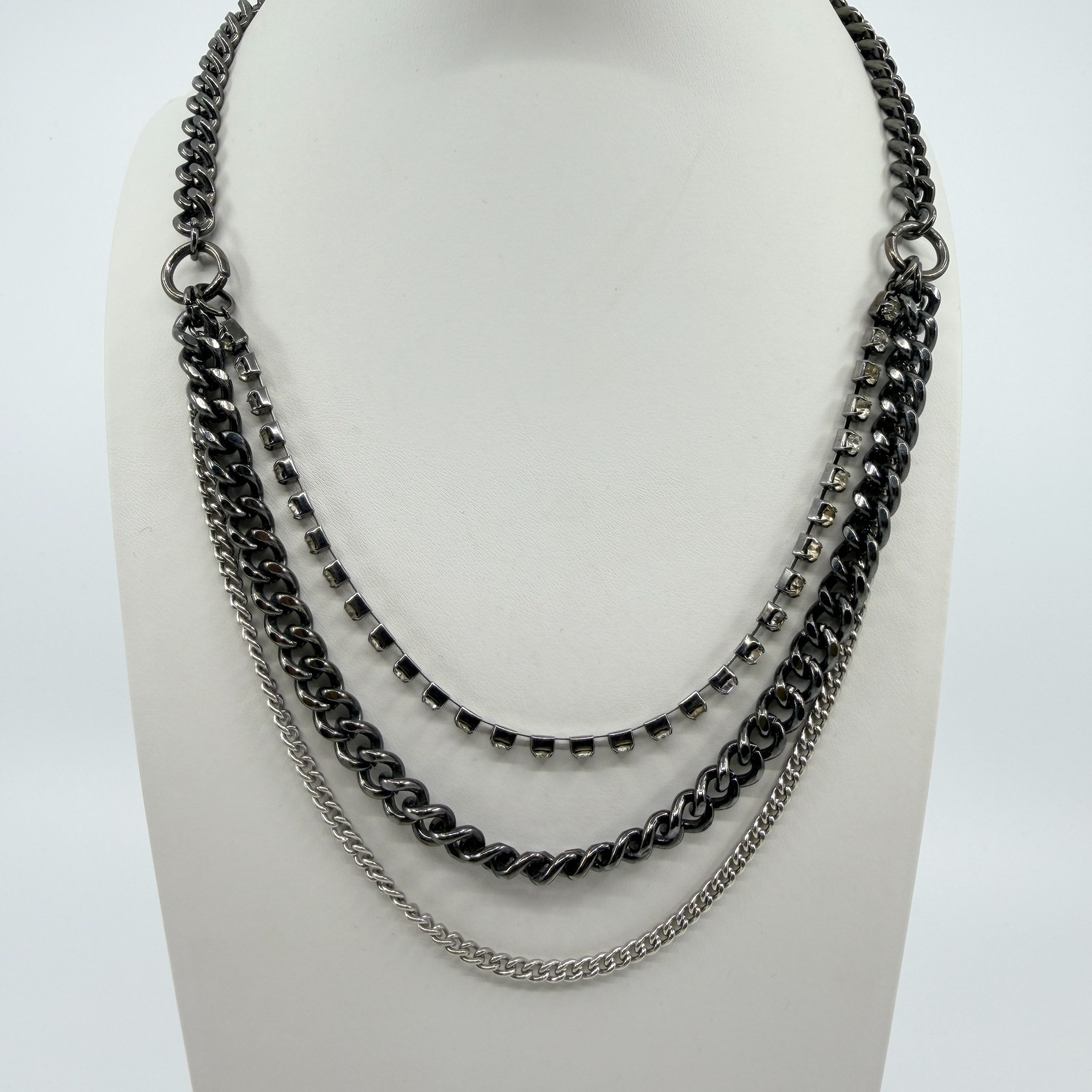 Vintage Gunmetal Tone Layered Necklace Multi Strand Chunky Curb Chain Rhinestone
