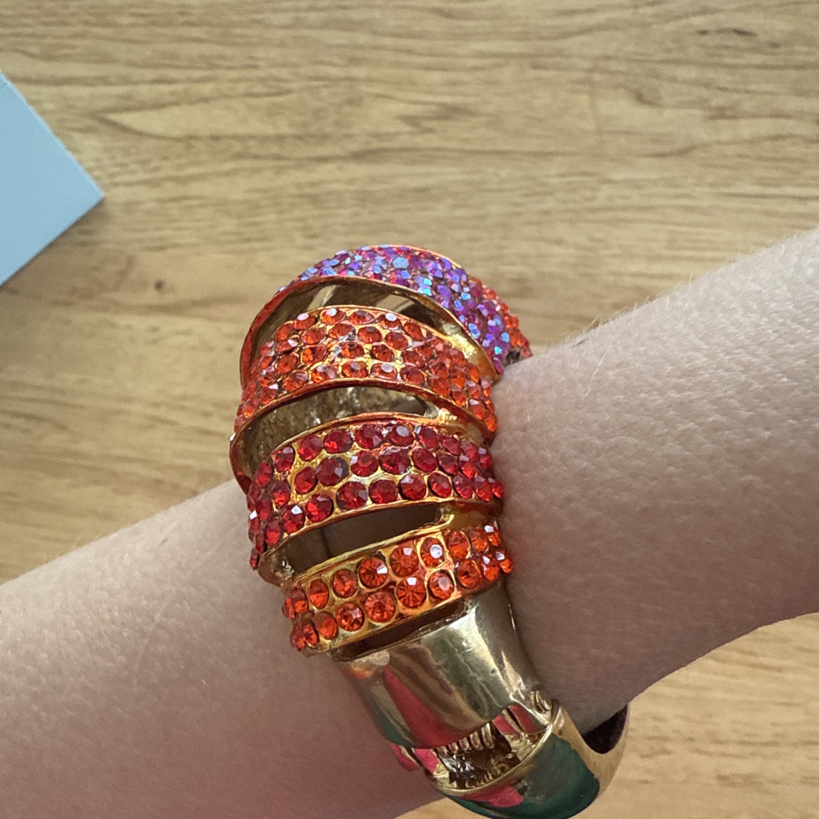 Vintage Hinged Cuff Bracelet Red Orange Fuchsia Rhinestone Crystal 1980s