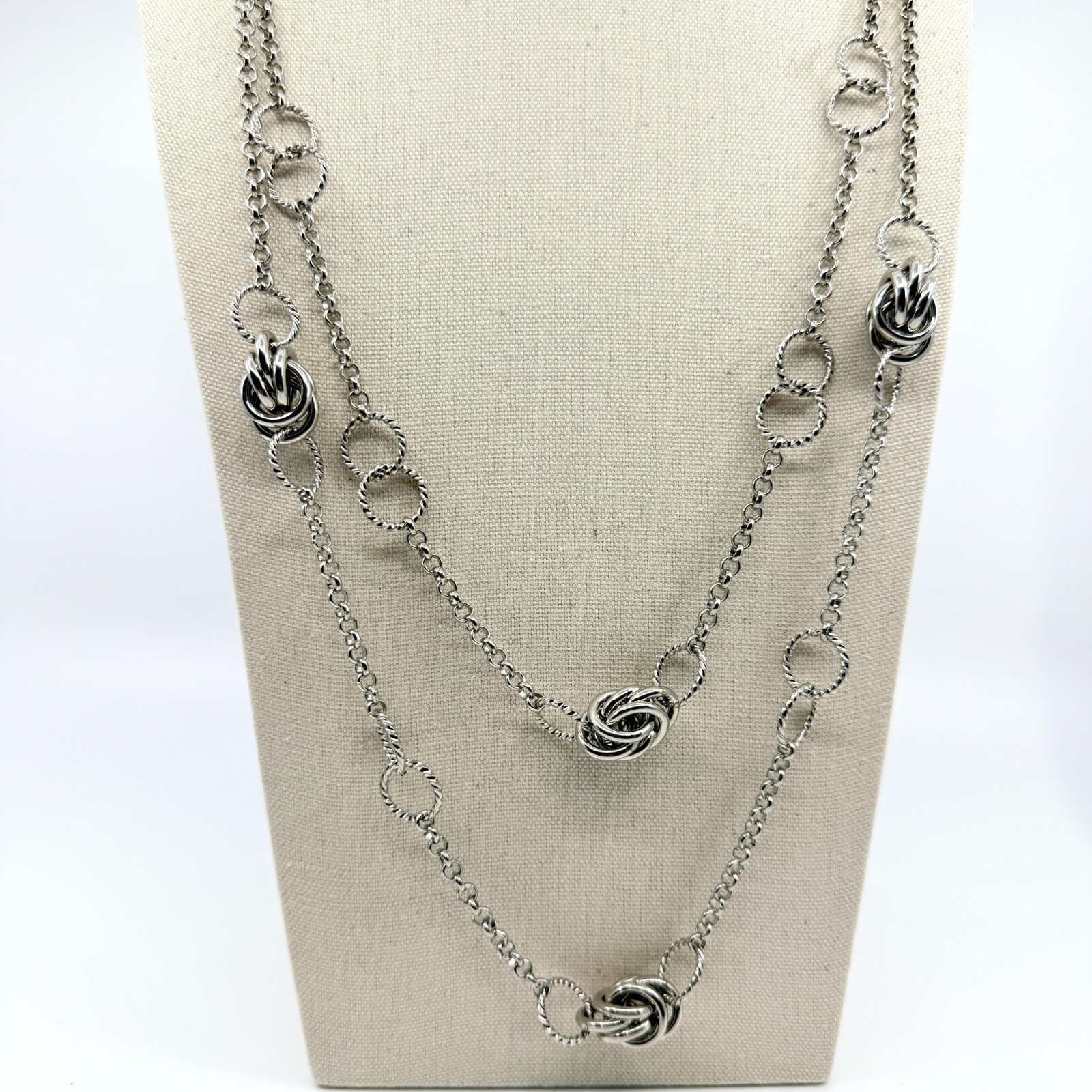Vintage Silver Tone Long Layered Chain Necklace Textured Love Knot Station Boho