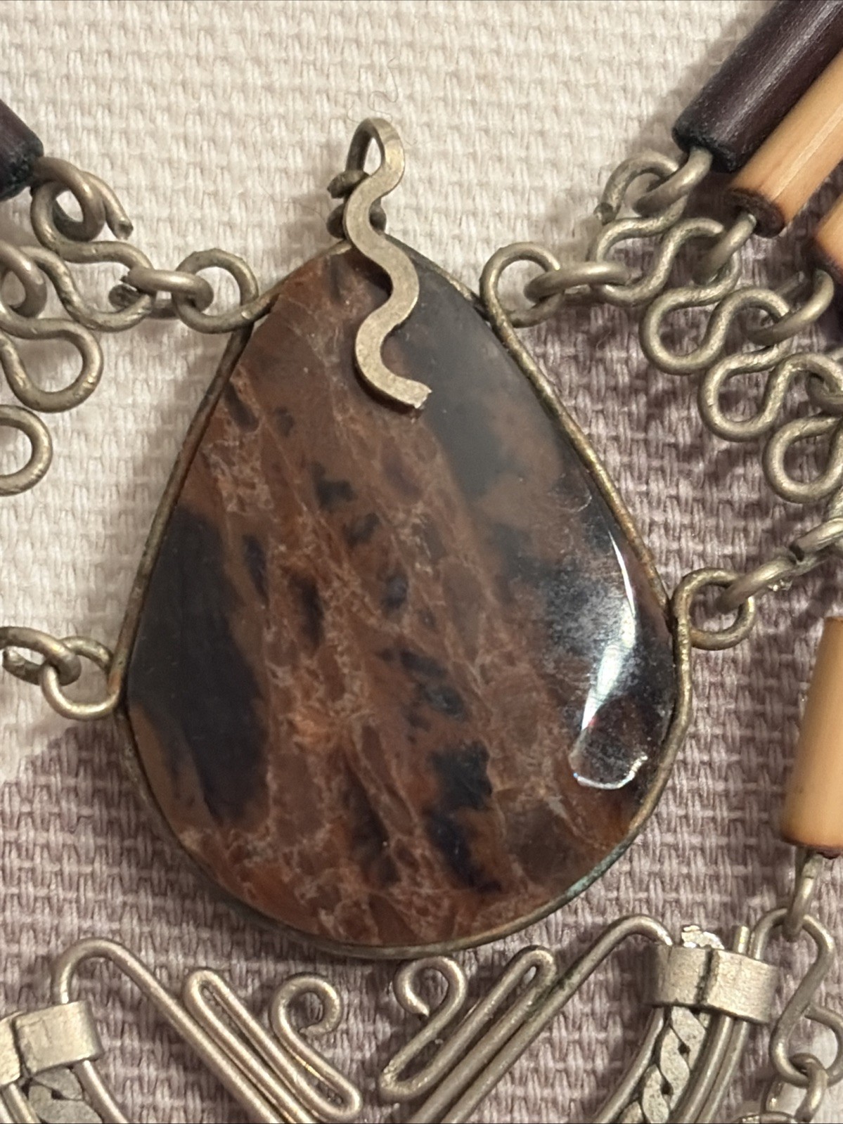 Vintage Handmade Choker necklace bamboo beaded black brown stone Snake Bail