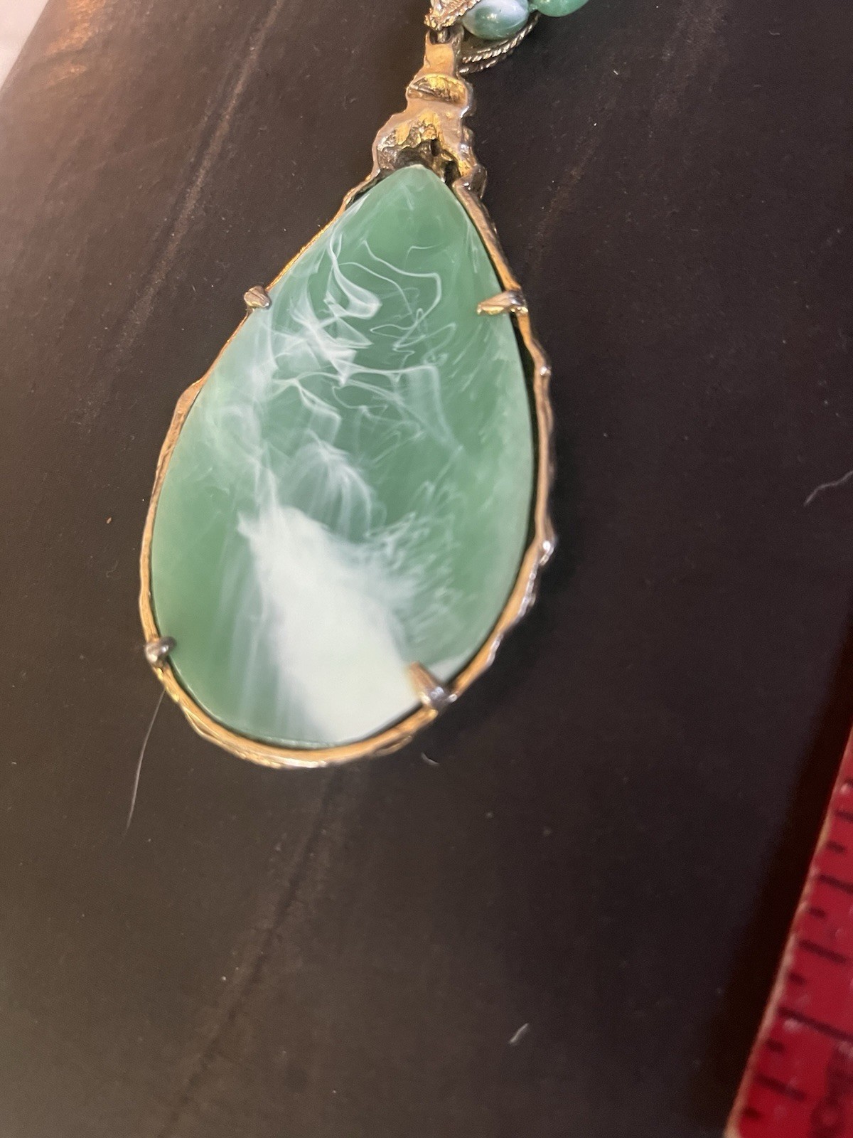 Vtg 1960s Brutalist MCM Love Witch NECKLACE Emerald Tone Lucite Gold Pendant