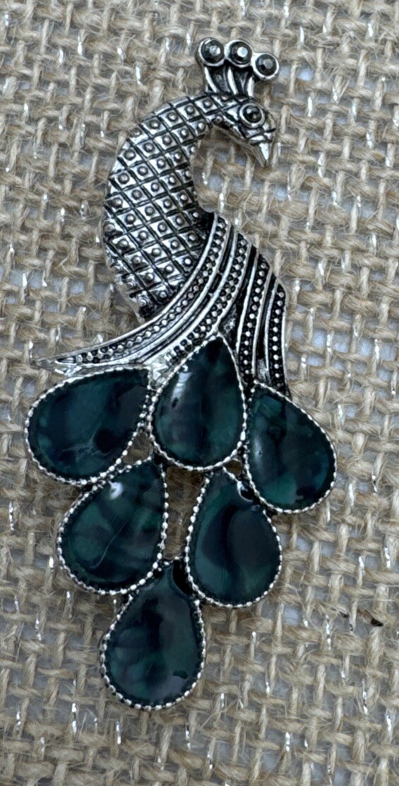 Green Enamel And Silver Tone Peacock Brooch