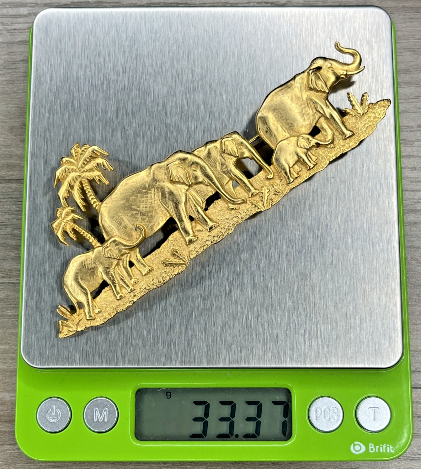 Vintage Huge JJ Jonette Elephant Family Walk Palms Safari Pin Brooch Gold Tone