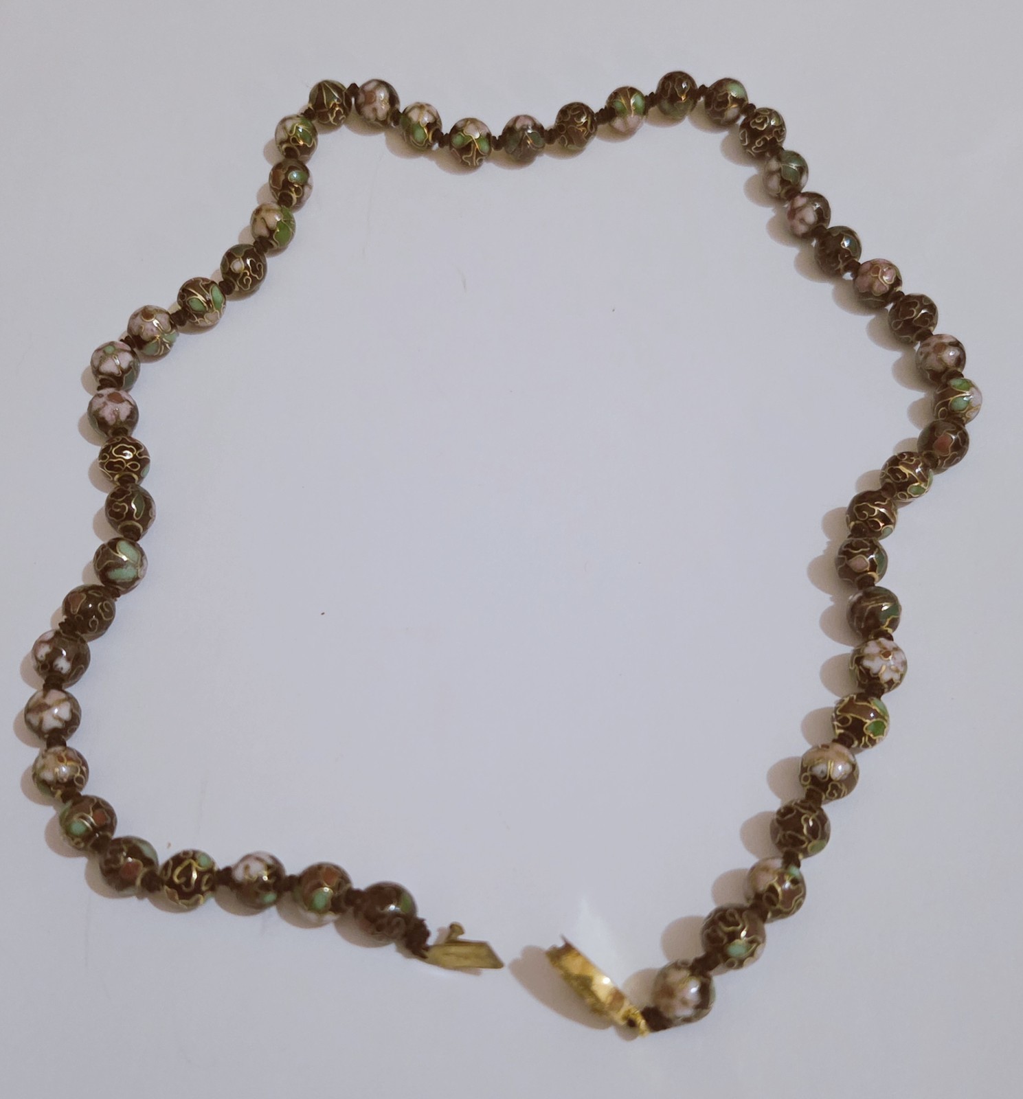 Vintage Chinese Cloisonne Floral Bead Hand Knotted Fish Hook Clasp Necklace