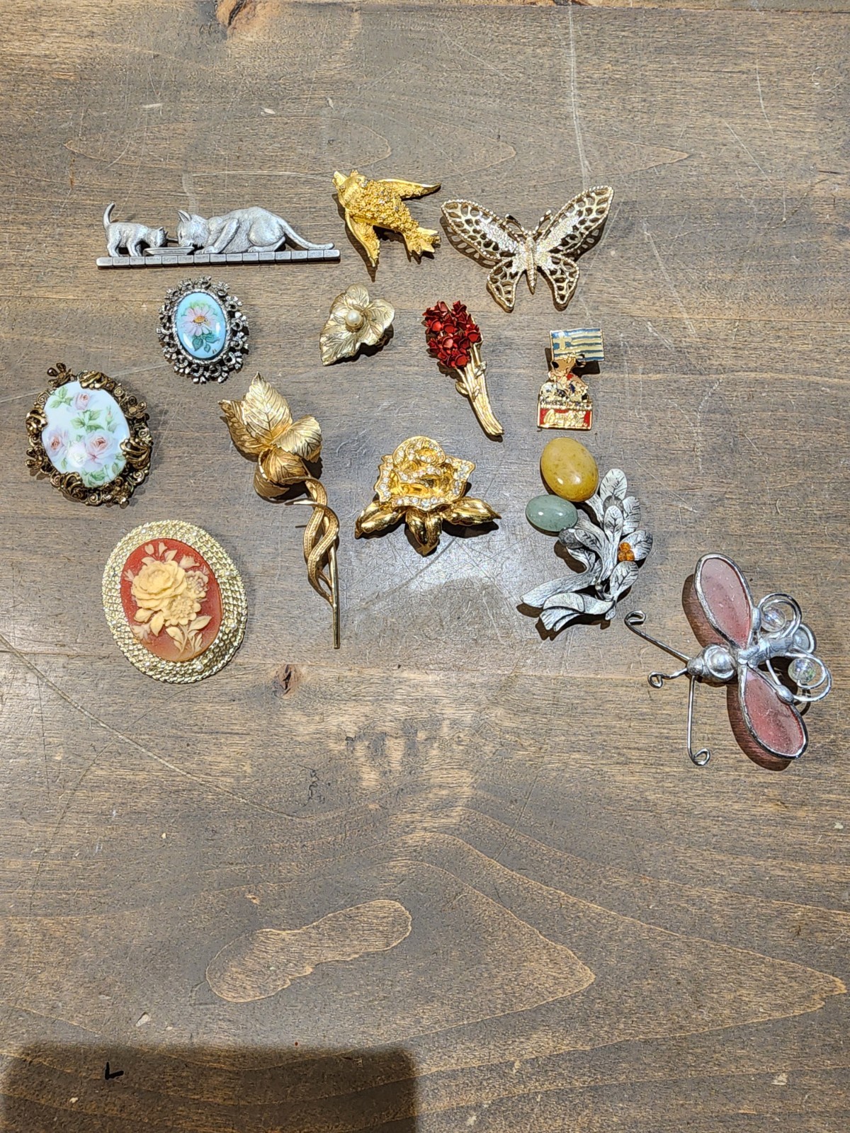 Vintage Lot Brooch Lapel Pin Bird Flowers Cats Avon Giovanni READ