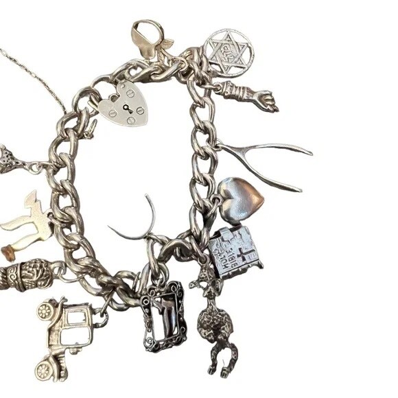 Vintage Charm Bracelet Loaded 14 Charms Sterling Silver
