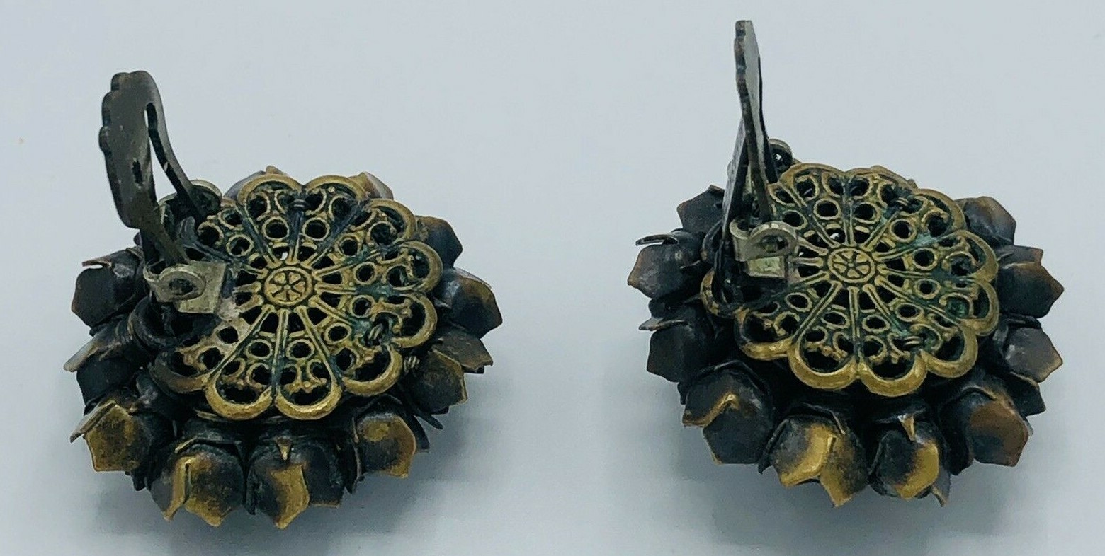 RARE MIRIAM HASKELL Signed Purple and Blue CRYSTAL FLOWER CLIP BACK EARRINGS